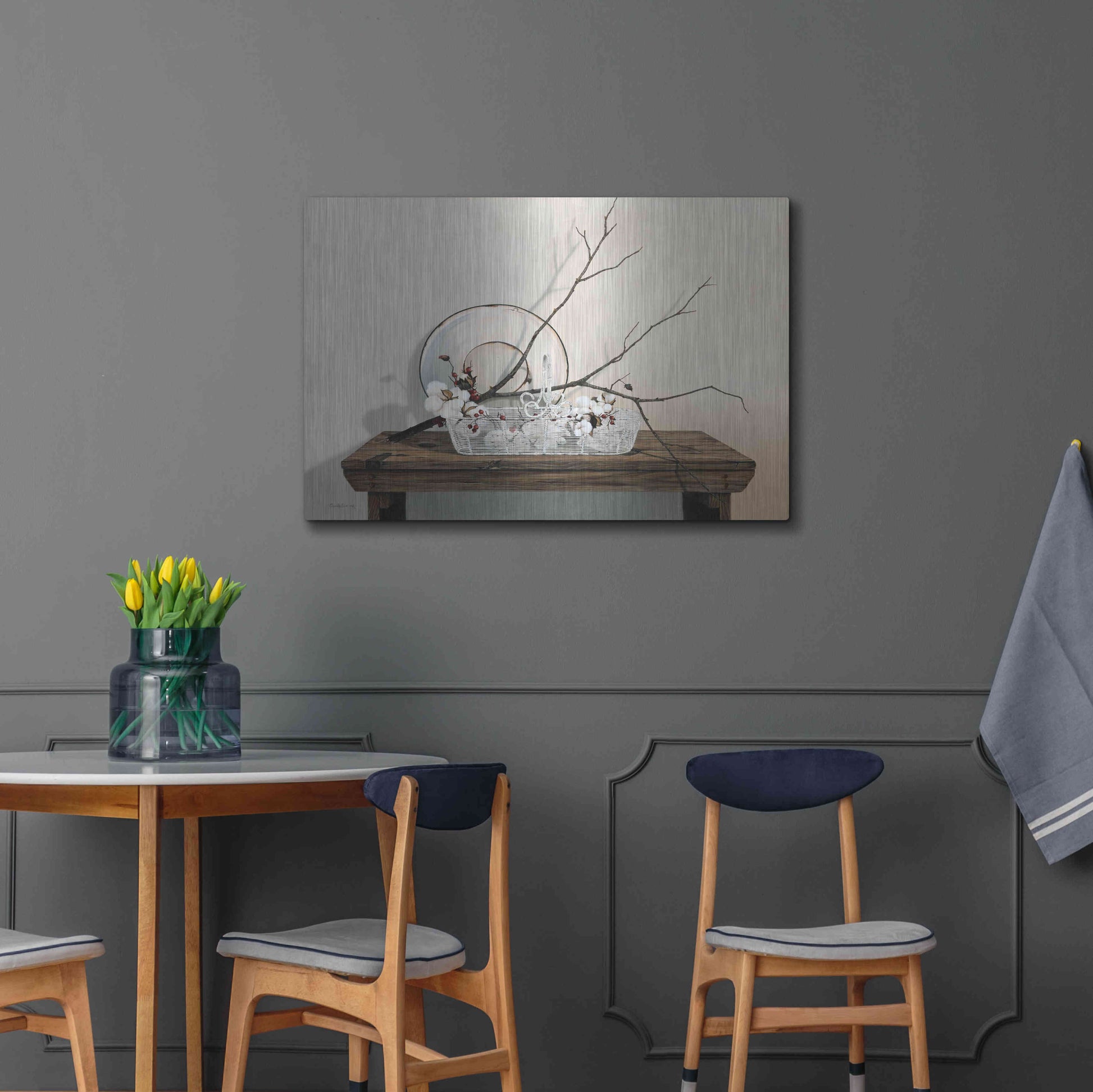 Luxe Metal Art 'Wire Basket With Cotton' by Cecile Baird, Metal Wall Art,36x24