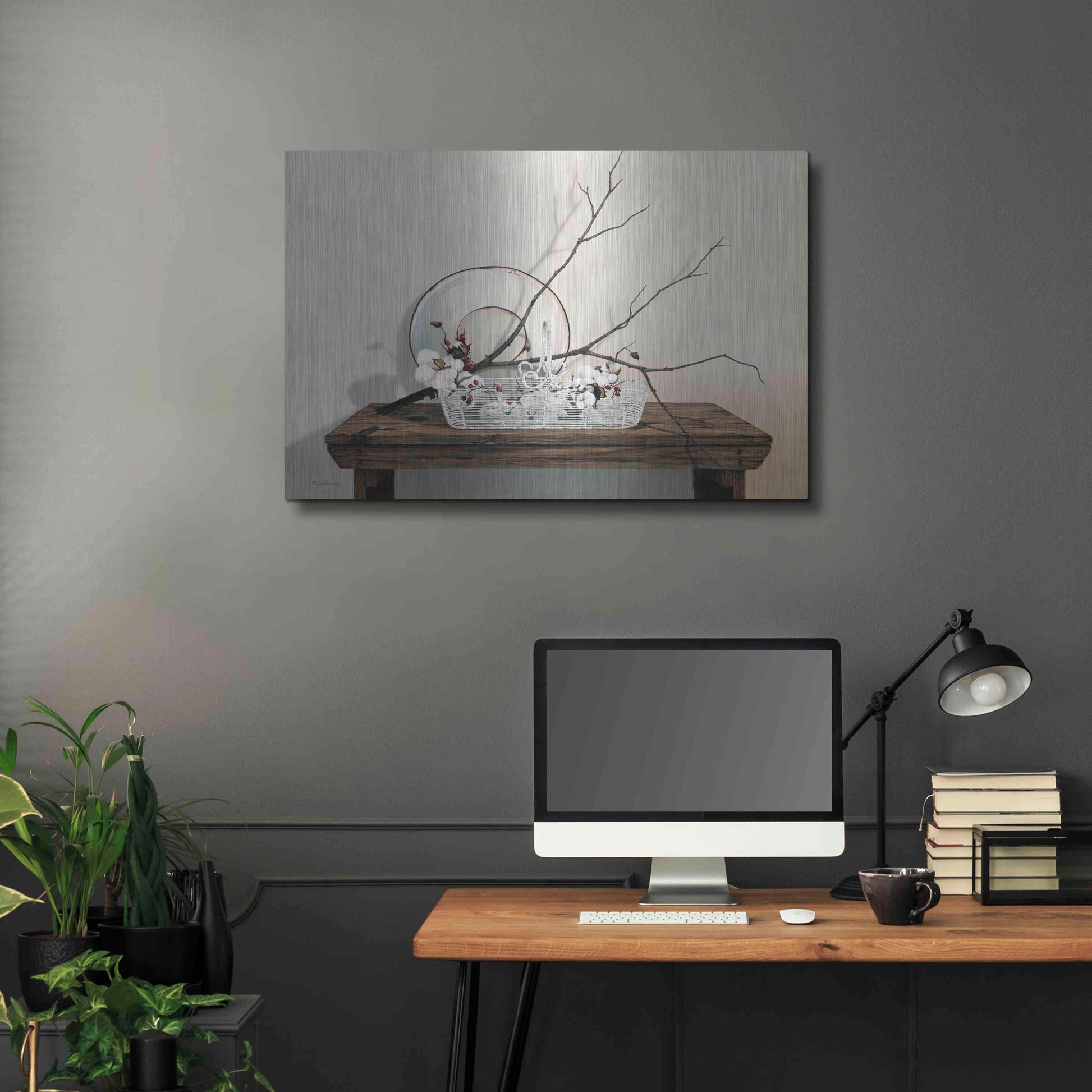 Luxe Metal Art 'Wire Basket With Cotton' by Cecile Baird, Metal Wall Art,36x24