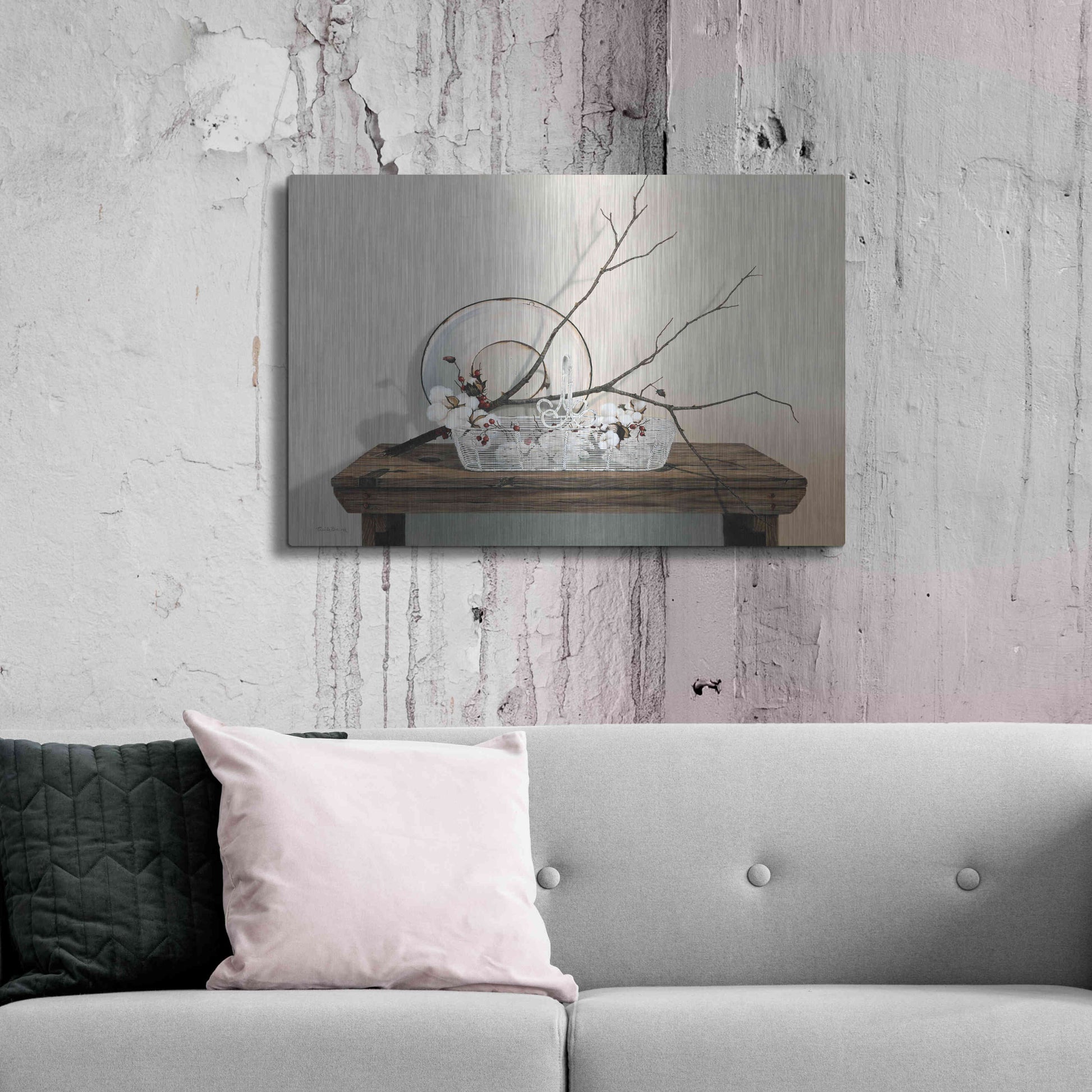 Luxe Metal Art 'Wire Basket With Cotton' by Cecile Baird, Metal Wall Art,36x24