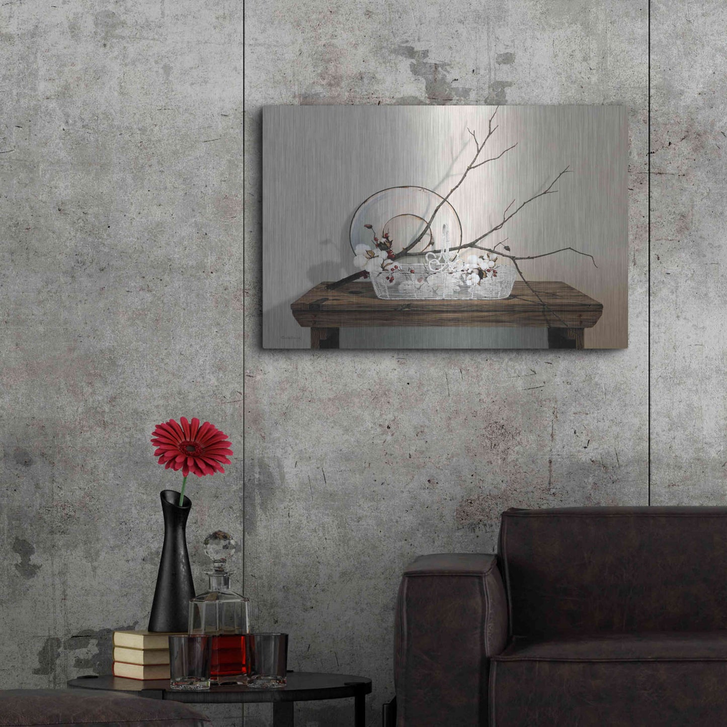 Luxe Metal Art 'Wire Basket With Cotton' by Cecile Baird, Metal Wall Art,36x24