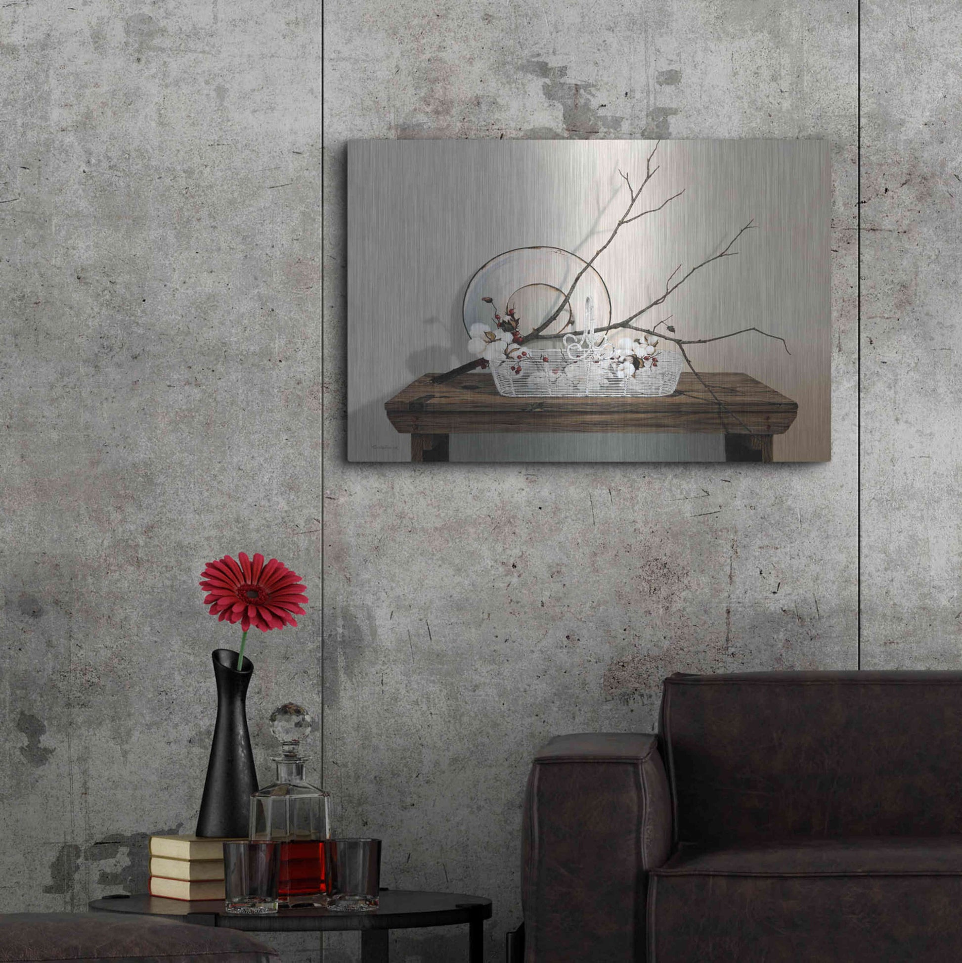 Luxe Metal Art 'Wire Basket With Cotton' by Cecile Baird, Metal Wall Art,36x24