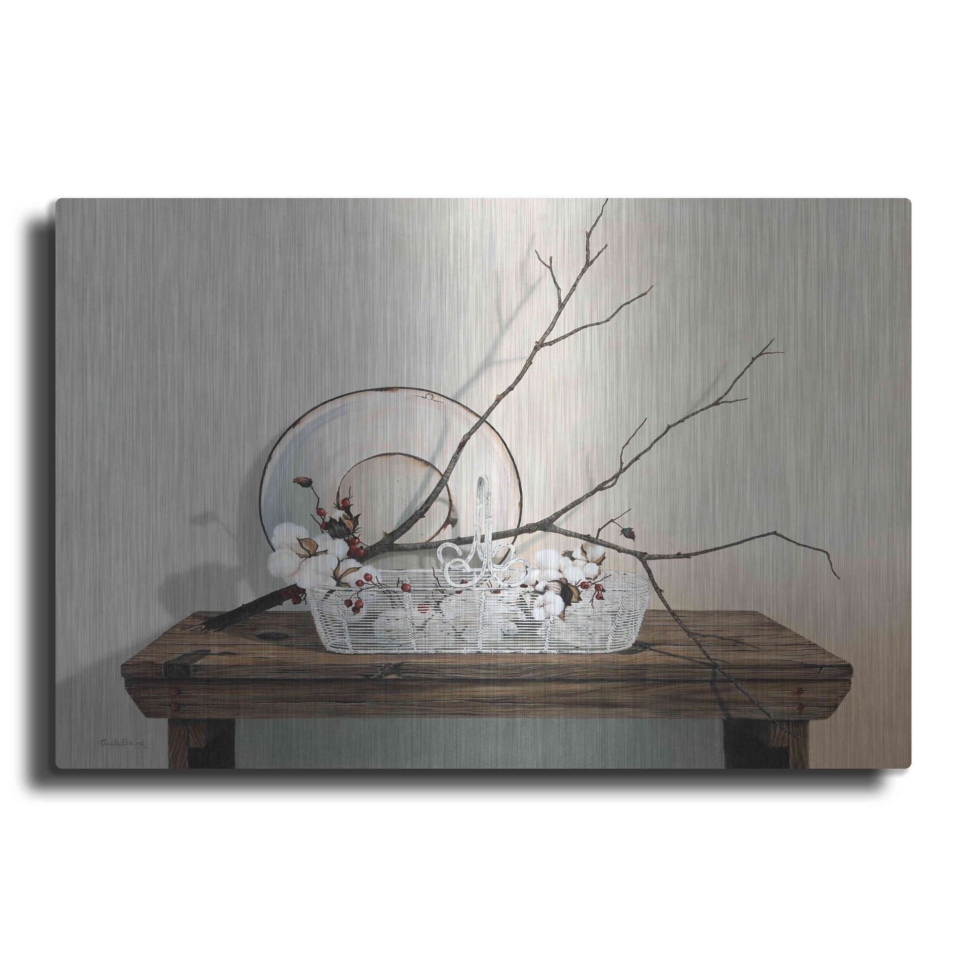Luxe Metal Art 'Wire Basket With Cotton' by Cecile Baird, Metal Wall Art