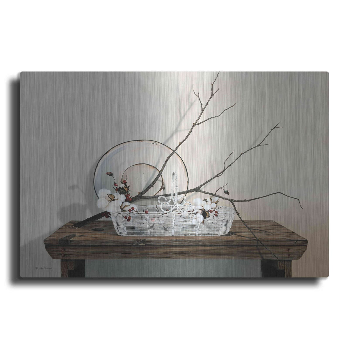 'Wire Basket With Cotton' by Cecile Baird – Metal Wall Art