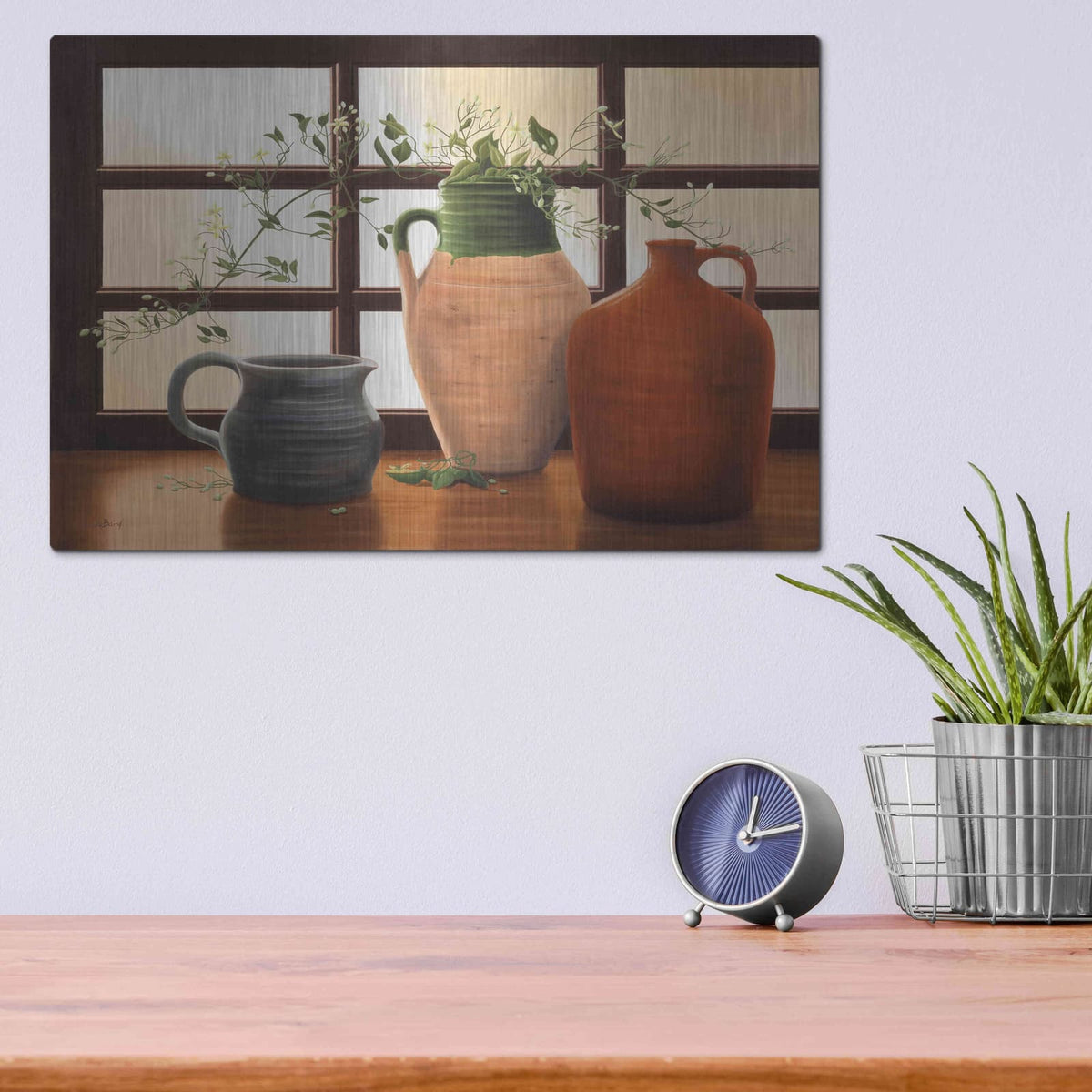 'Olive Jar With Flowering Vine' by Cecile Baird – Metal Wall Art, 16x12 room view