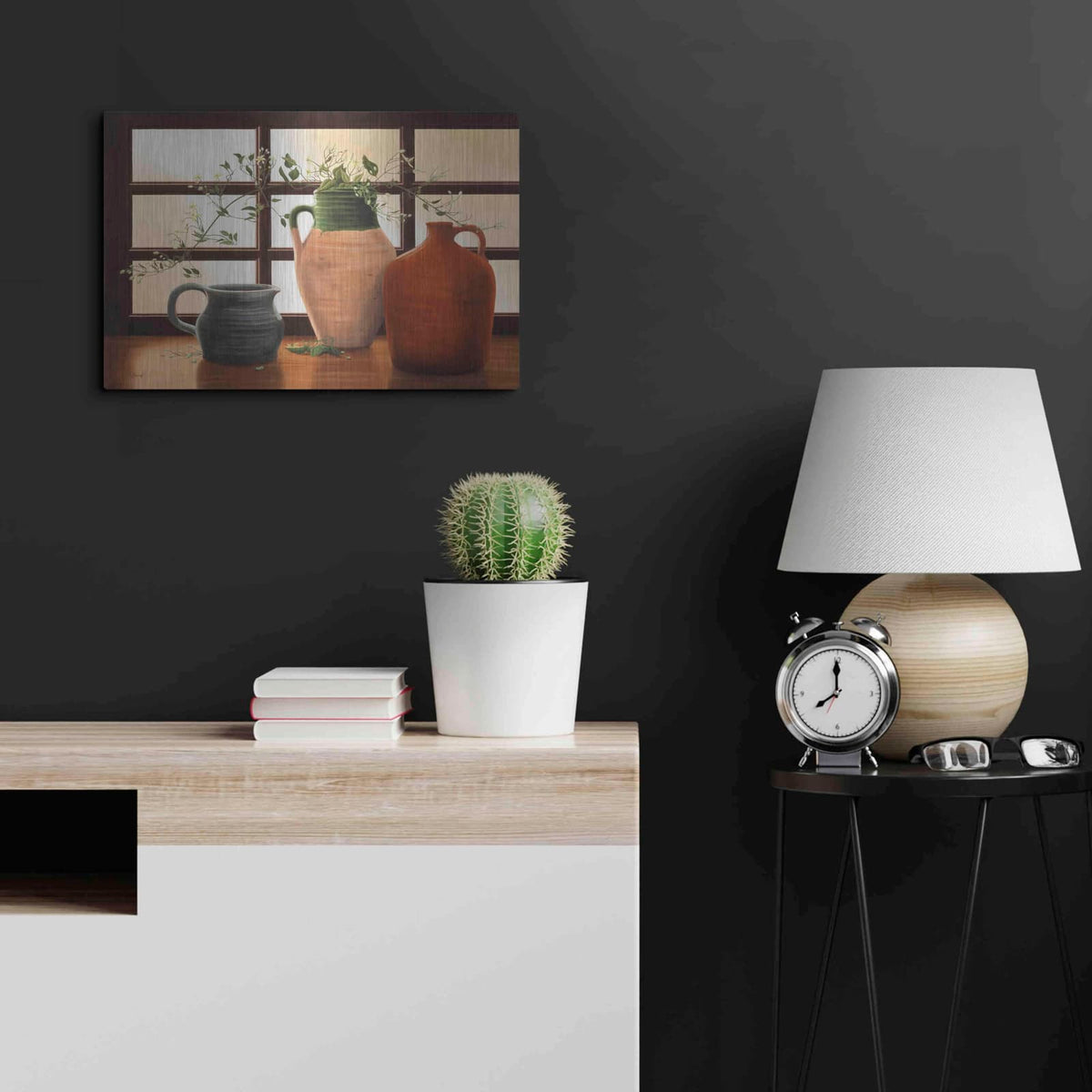 'Olive Jar With Flowering Vine' by Cecile Baird – Metal Wall Art, 24x16 room view