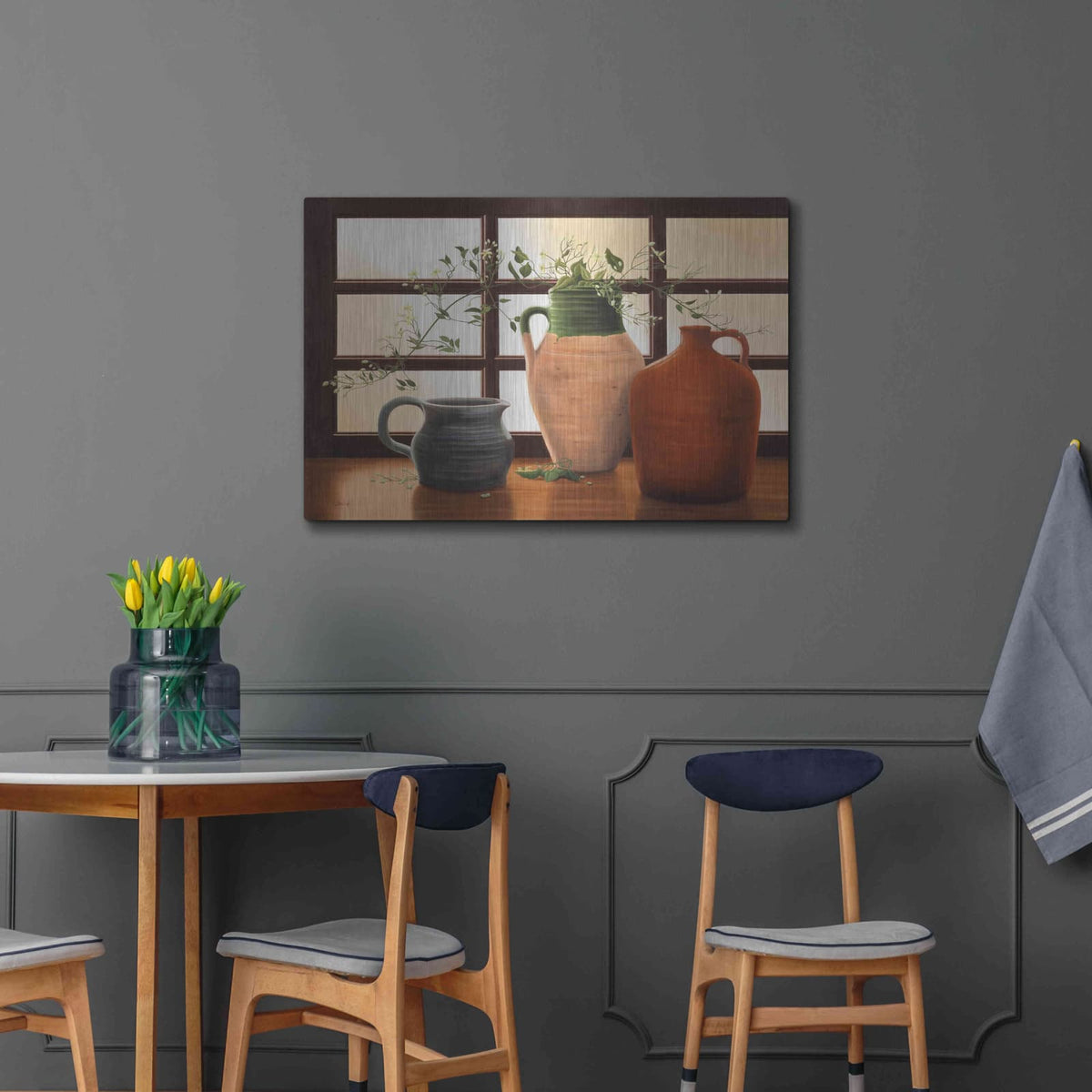 'Olive Jar With Flowering Vine' by Cecile Baird – Metal Wall Art, 36x24 room view