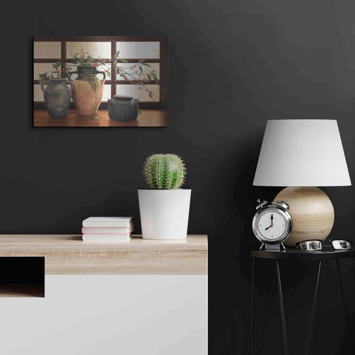 'Olive Jar With Red Berry Branches' by Cecile Baird – Metal Wall Art, 24x16 room view