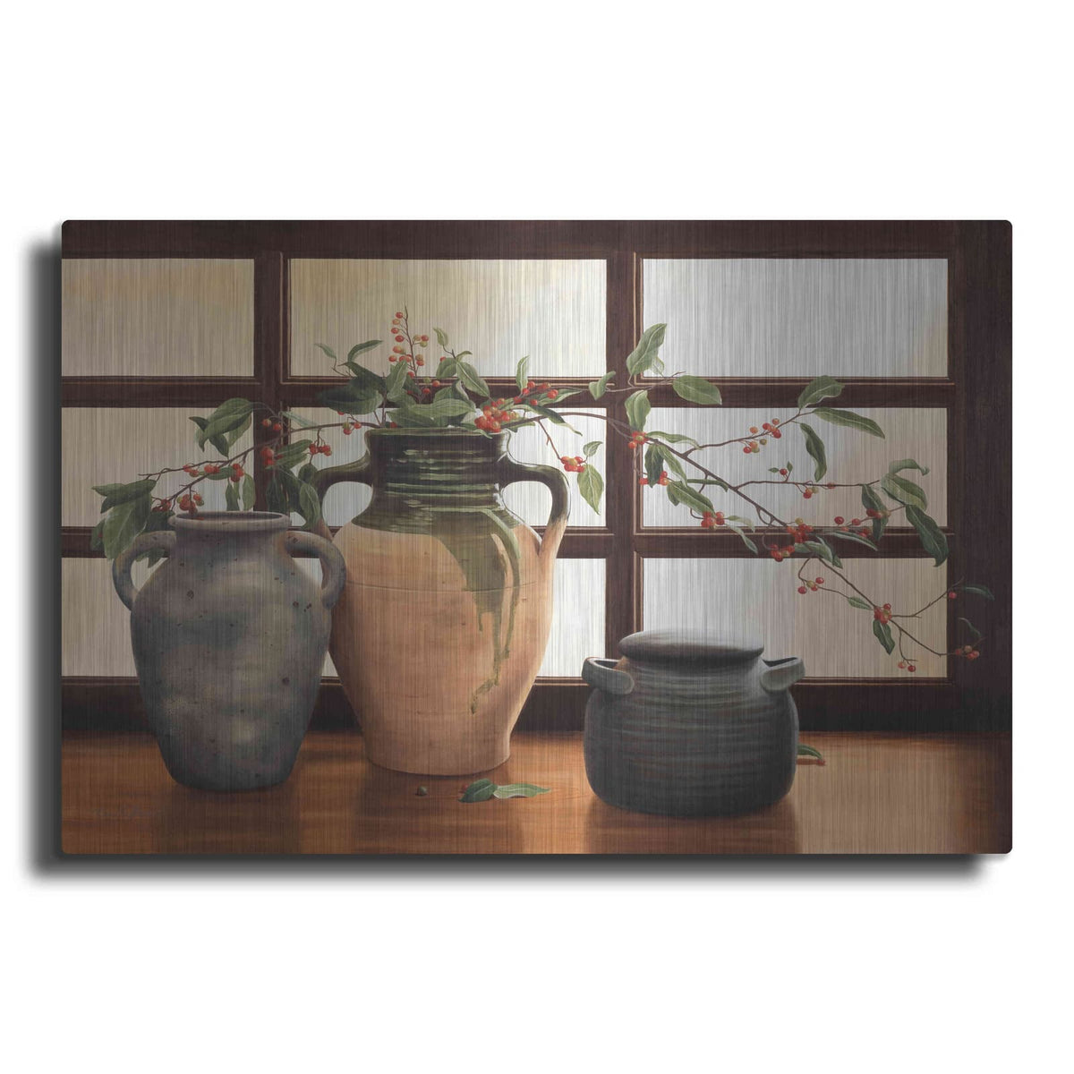 'Olive Jar With Red Berry Branches' by Cecile Baird – Metal Wall Art