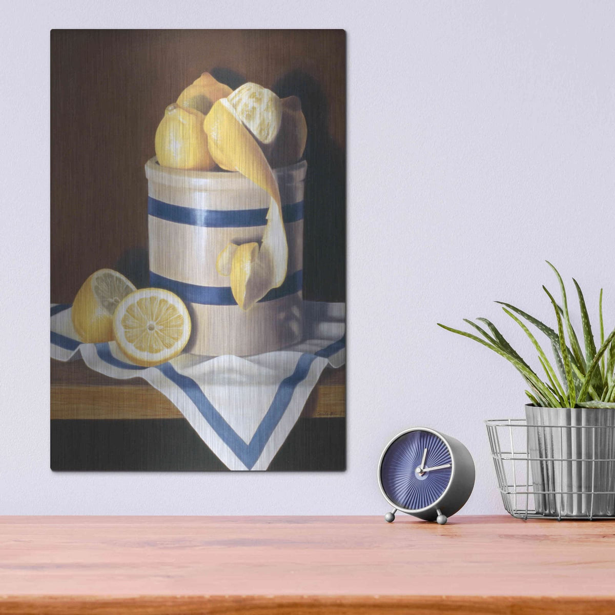 'Blue Stripes & Lemons' by Cecile Baird – Metal Wall Art, 12x16 room view