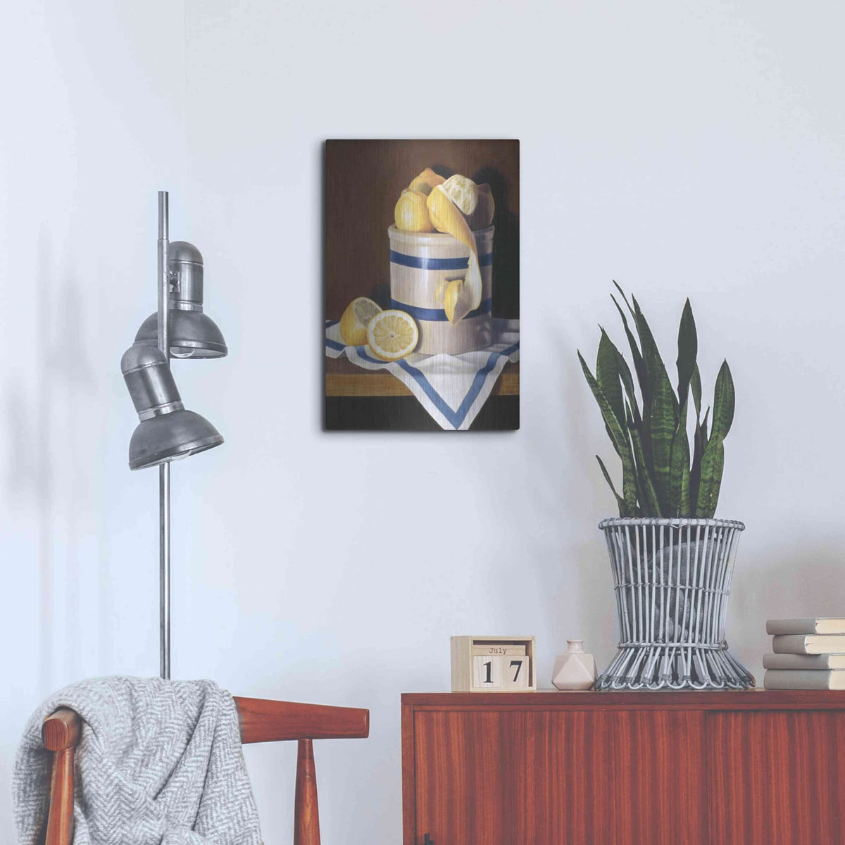 'Blue Stripes & Lemons' by Cecile Baird – Metal Wall Art, 16x24 room view