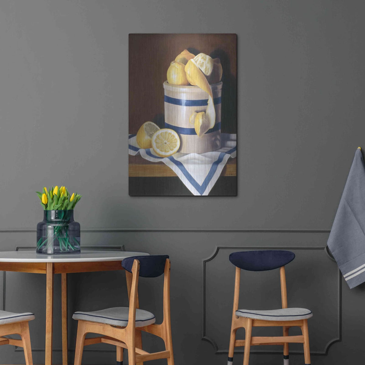 'Blue Stripes & Lemons' by Cecile Baird – Metal Wall Art, 24x36 room view