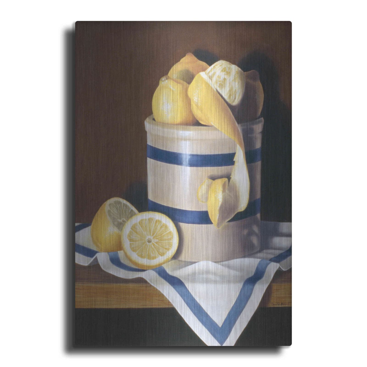 'Blue Stripes & Lemons' by Cecile Baird – Metal Wall Art