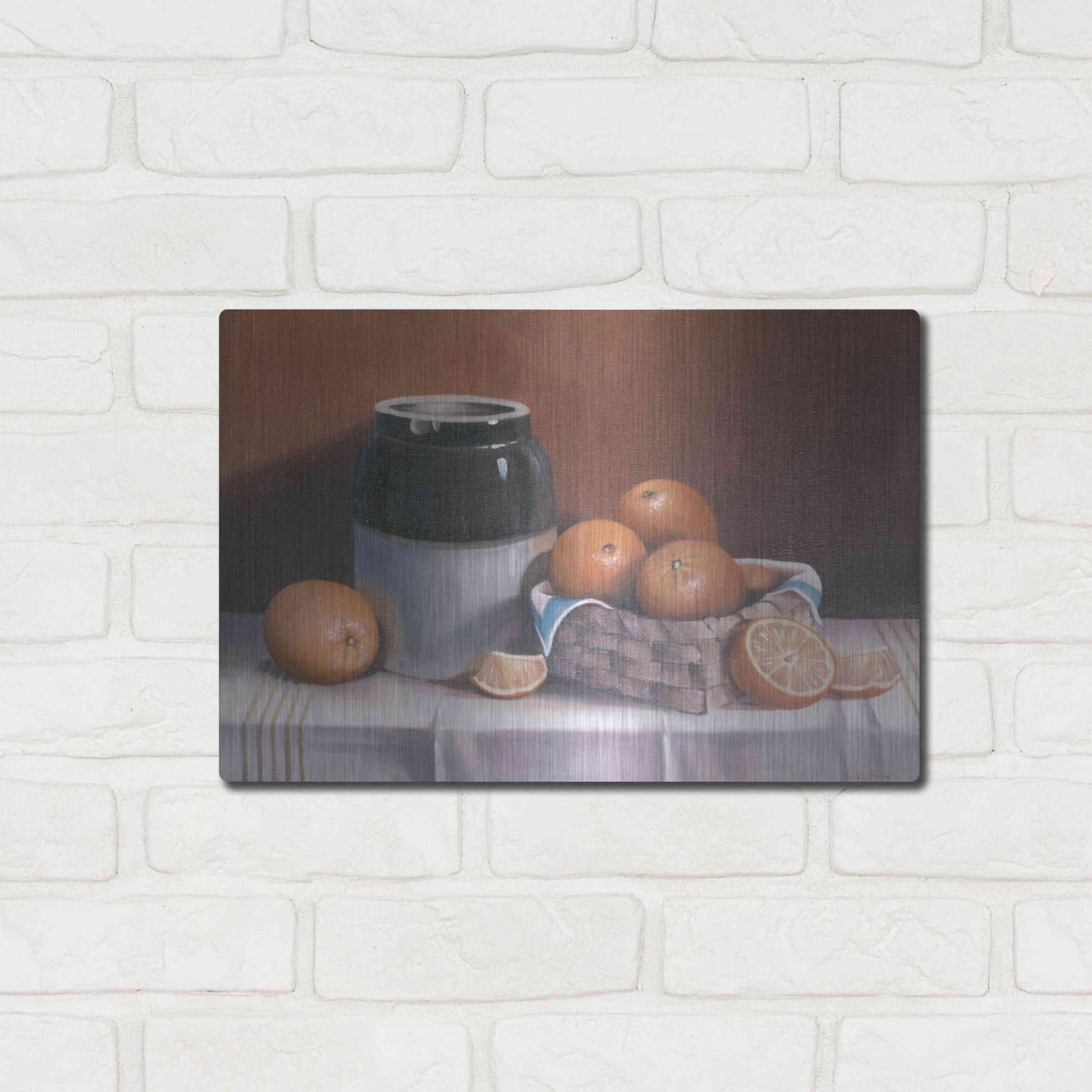 Luxe Metal Art 'Crock With Oranges' by Cecile Baird, Metal Wall Art,16x12