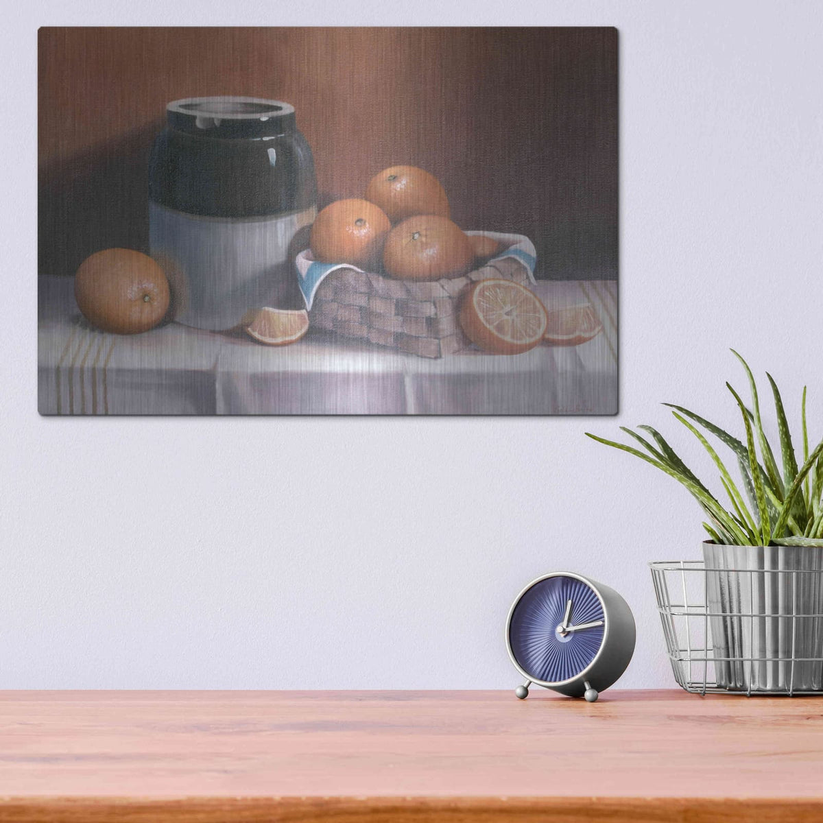 'Crock With Oranges' by Cecile Baird – Metal Wall Art, 16x12 room view