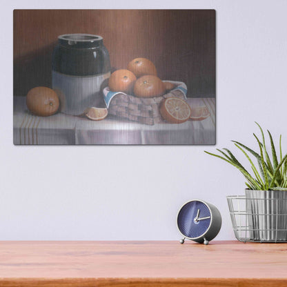 Luxe Metal Art 'Crock With Oranges' by Cecile Baird, Metal Wall Art,16x12