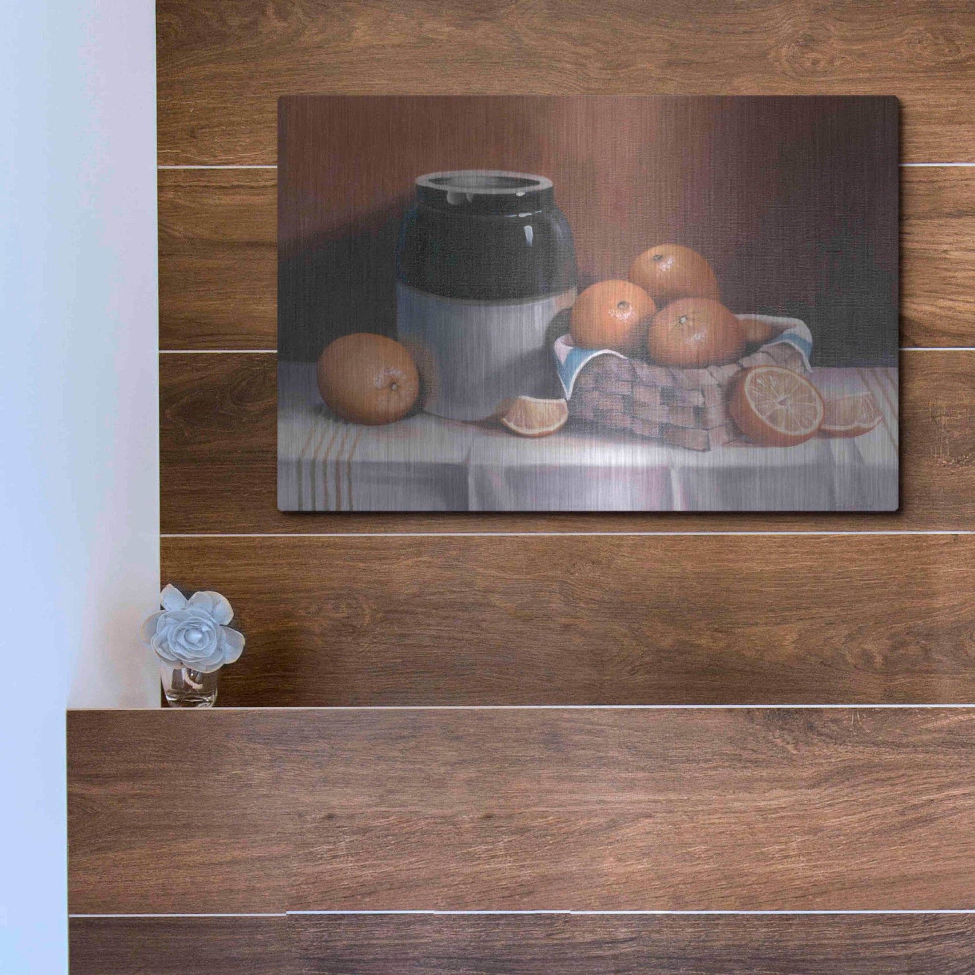 Luxe Metal Art 'Crock With Oranges' by Cecile Baird, Metal Wall Art,16x12