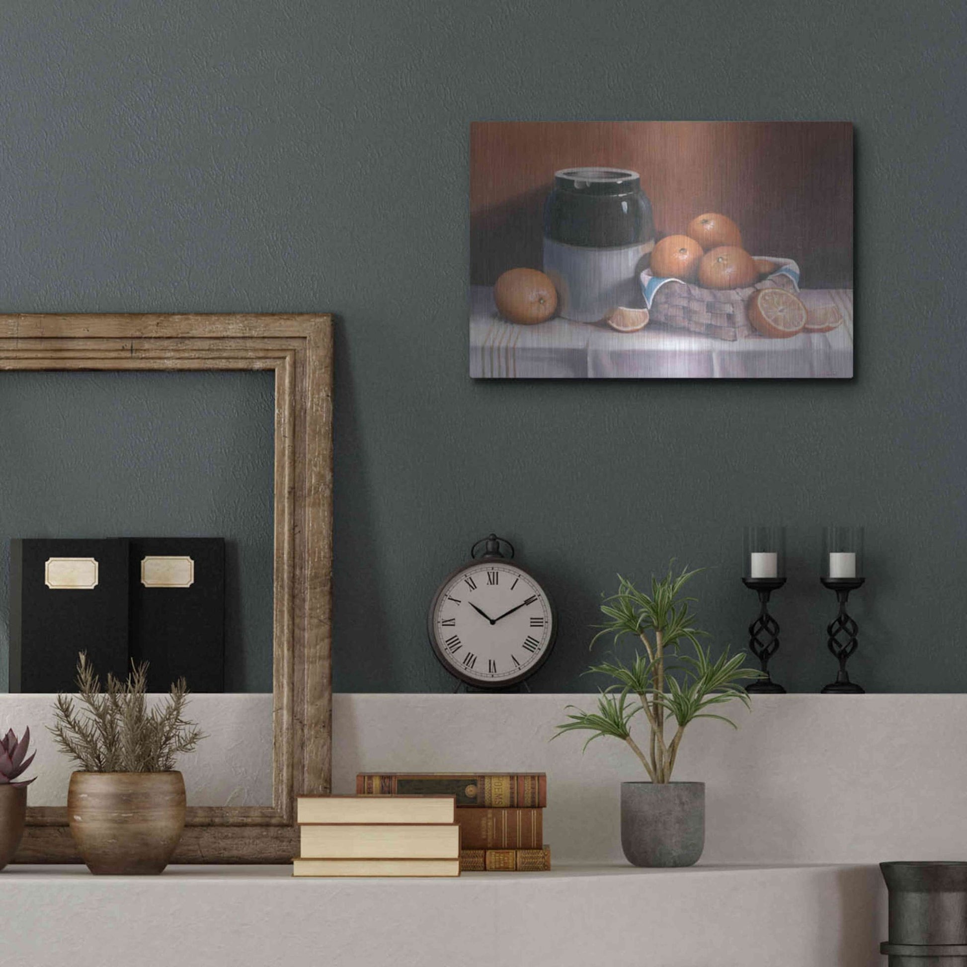 Luxe Metal Art 'Crock With Oranges' by Cecile Baird, Metal Wall Art,16x12