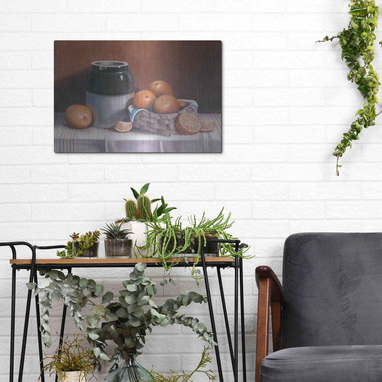 Luxe Metal Art 'Crock With Oranges' by Cecile Baird, Metal Wall Art,16x12