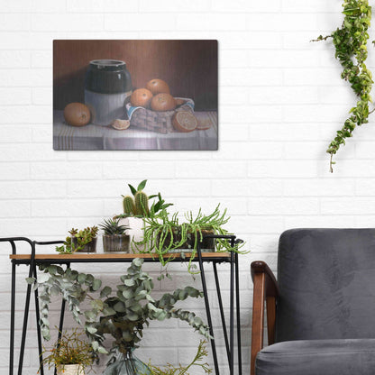 Luxe Metal Art 'Crock With Oranges' by Cecile Baird, Metal Wall Art,16x12