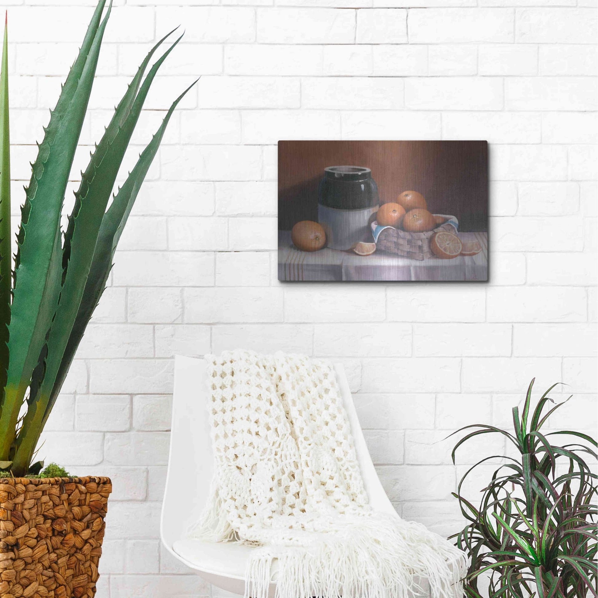 Luxe Metal Art 'Crock With Oranges' by Cecile Baird, Metal Wall Art,16x12