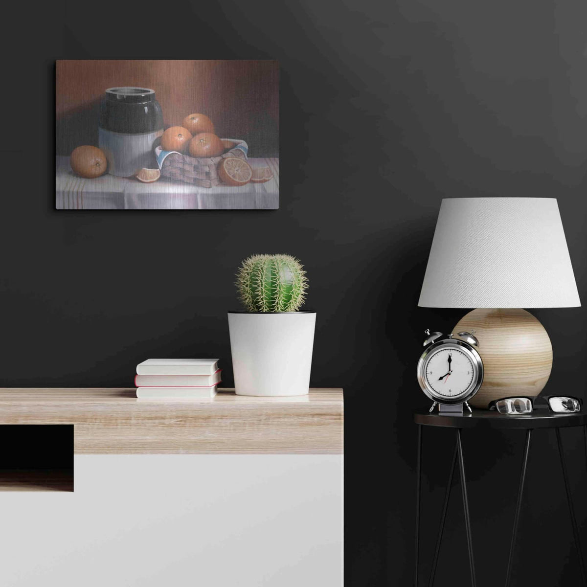 'Crock With Oranges' by Cecile Baird – Metal Wall Art, 24x16 room view