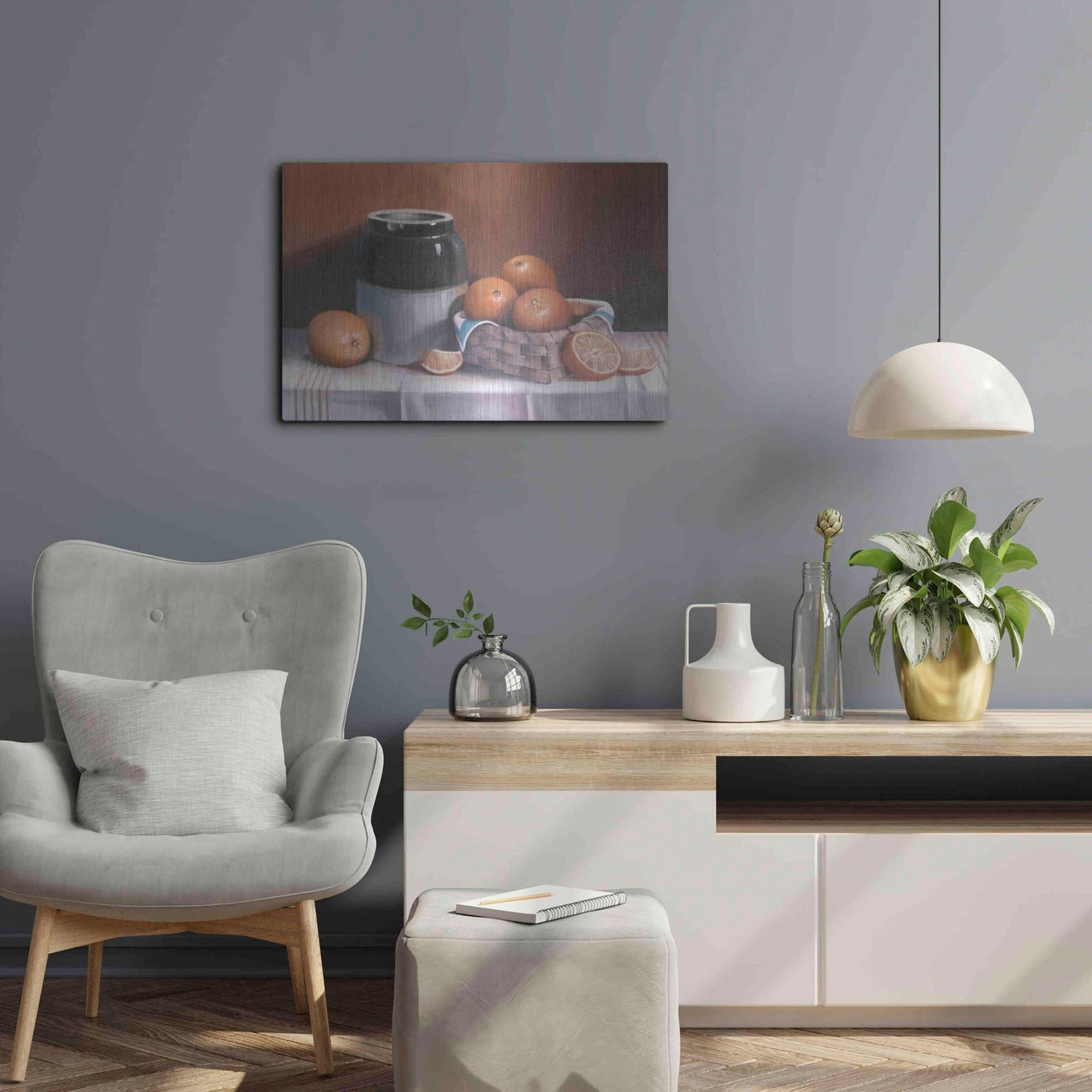 Luxe Metal Art 'Crock With Oranges' by Cecile Baird, Metal Wall Art,24x16