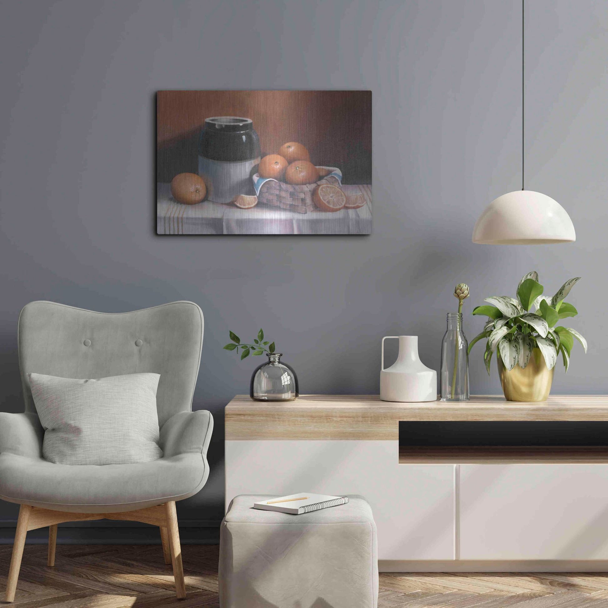 Luxe Metal Art 'Crock With Oranges' by Cecile Baird, Metal Wall Art,24x16