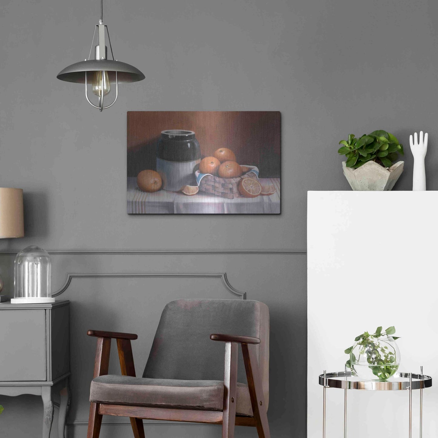 Luxe Metal Art 'Crock With Oranges' by Cecile Baird, Metal Wall Art,24x16