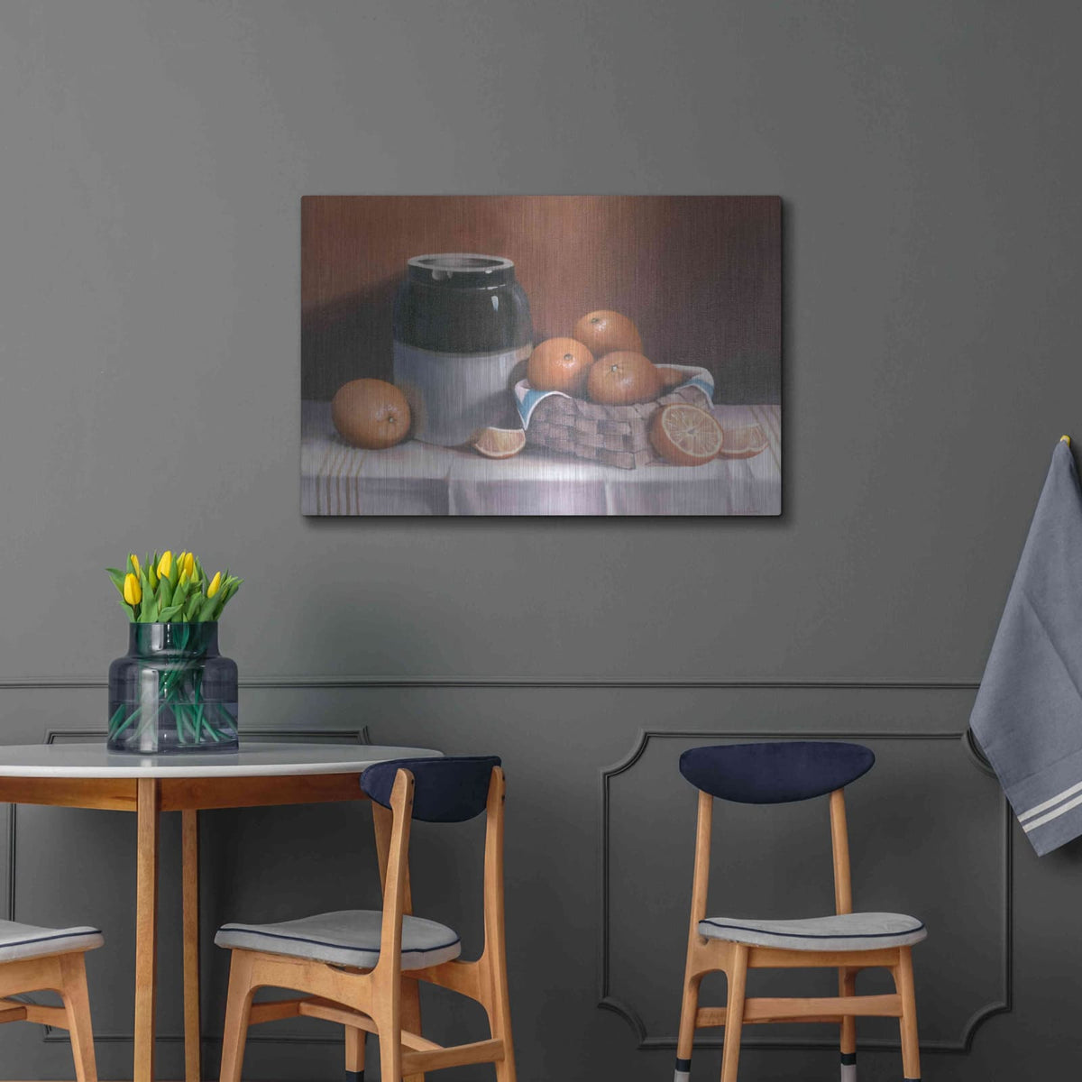 'Crock With Oranges' by Cecile Baird – Metal Wall Art, 36x24 room view