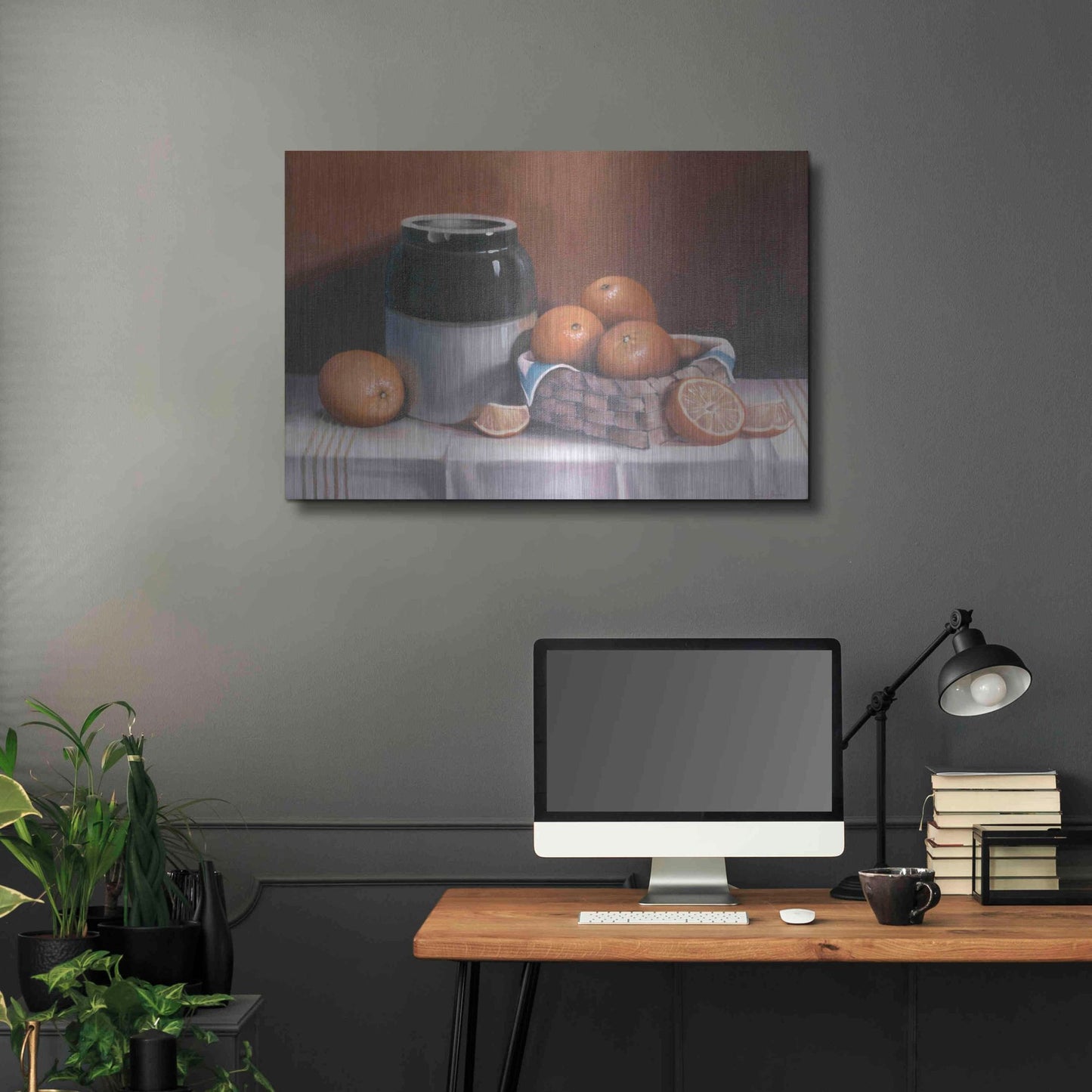 Luxe Metal Art 'Crock With Oranges' by Cecile Baird, Metal Wall Art,36x24