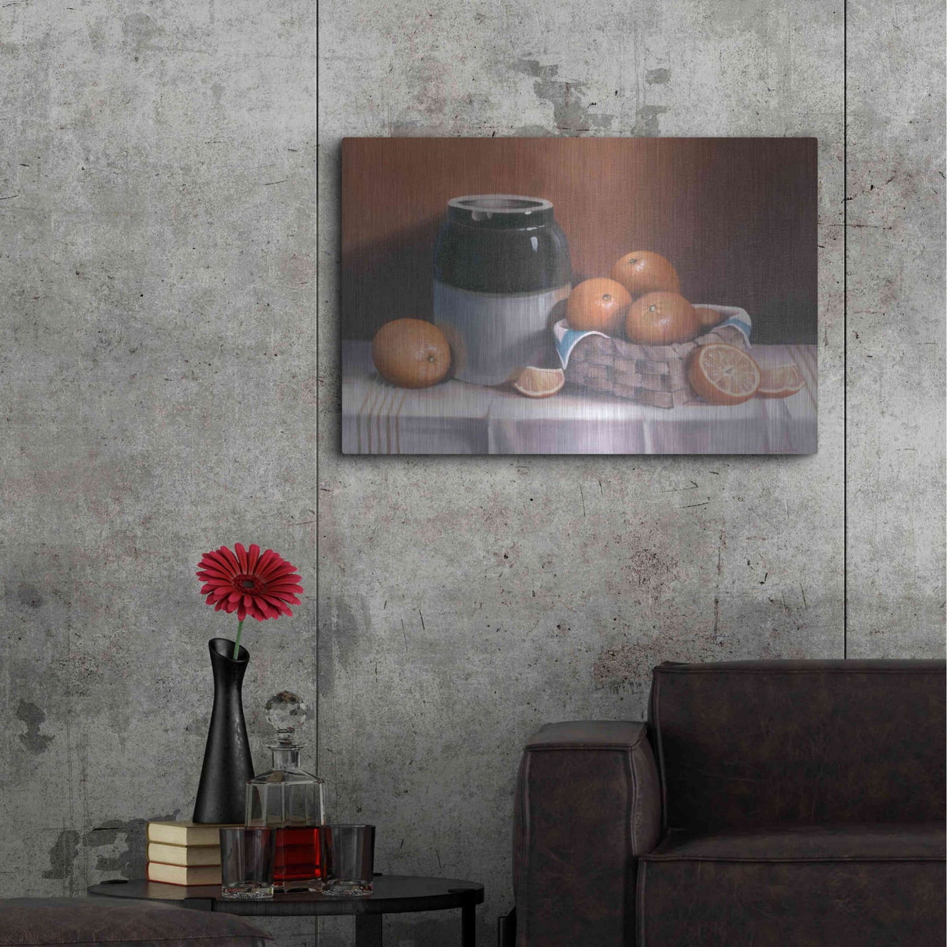 Luxe Metal Art 'Crock With Oranges' by Cecile Baird, Metal Wall Art,36x24