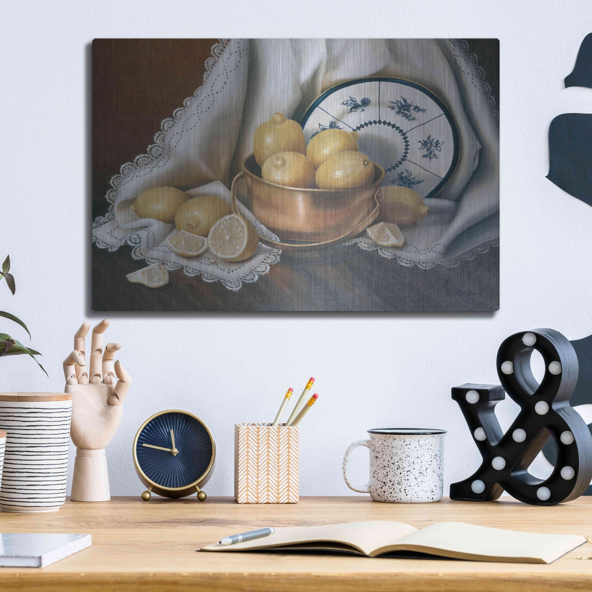 Luxe Metal Art 'Lemons & Lace' by Cecile Baird, Metal Wall Art,16x12