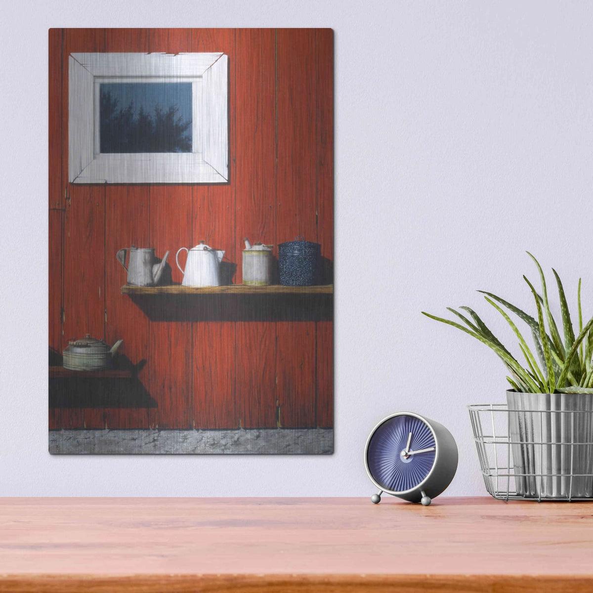 'Red Barn Antiques' by Cecile Baird – Metal Wall Art, 12x16 room view