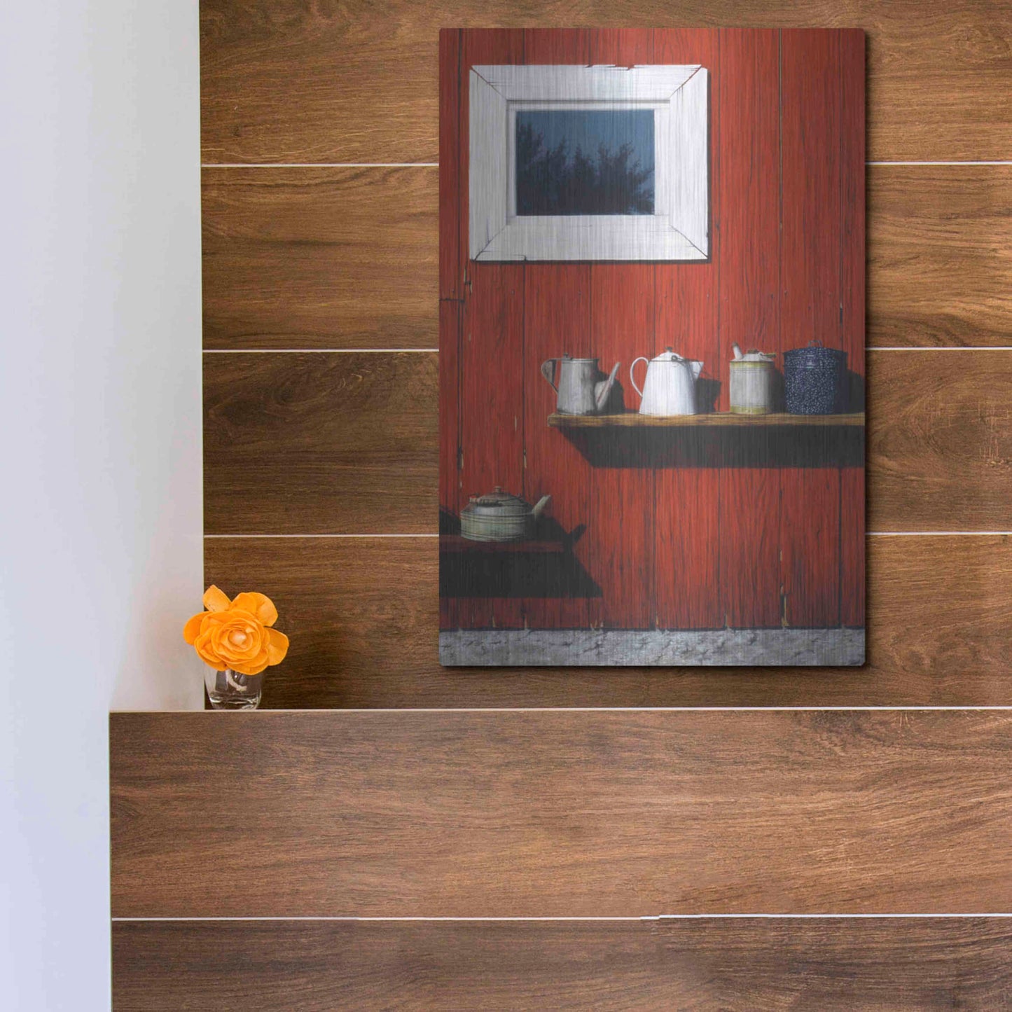 Luxe Metal Art 'Red Barn Antiques' by Cecile Baird, Metal Wall Art,12x16