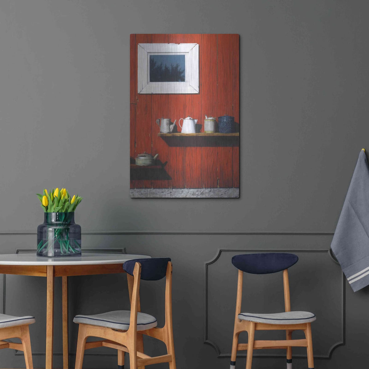'Red Barn Antiques' by Cecile Baird – Metal Wall Art, 24x36 room view