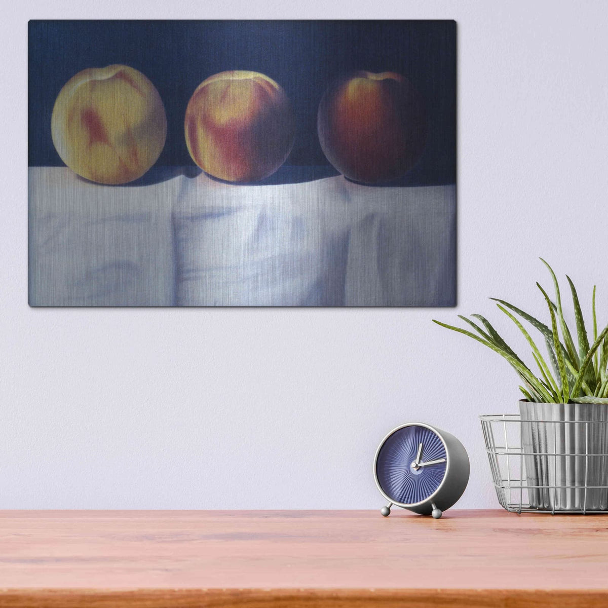 'Three Peaches' by Cecile Baird – Metal Wall Art, 16x12 room view
