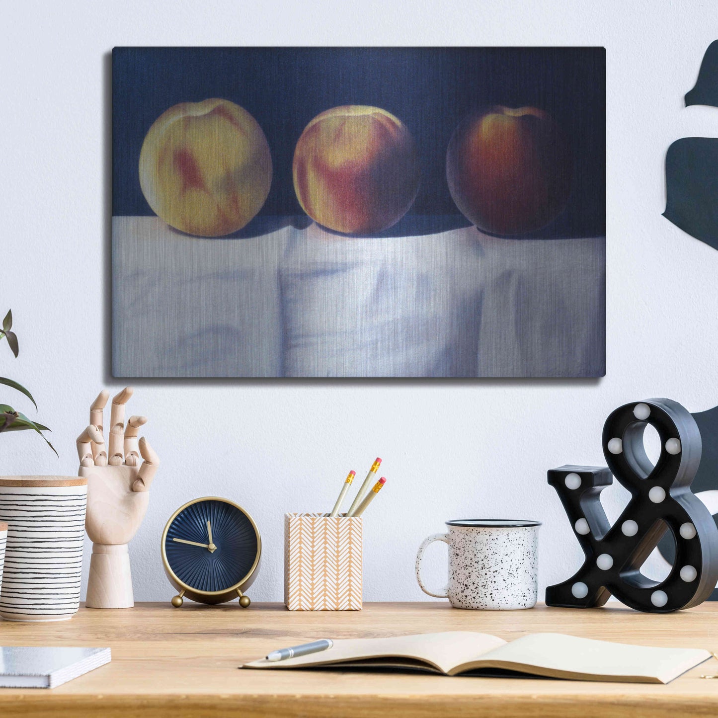 Luxe Metal Art 'Three Peaches' by Cecile Baird, Metal Wall Art,16x12