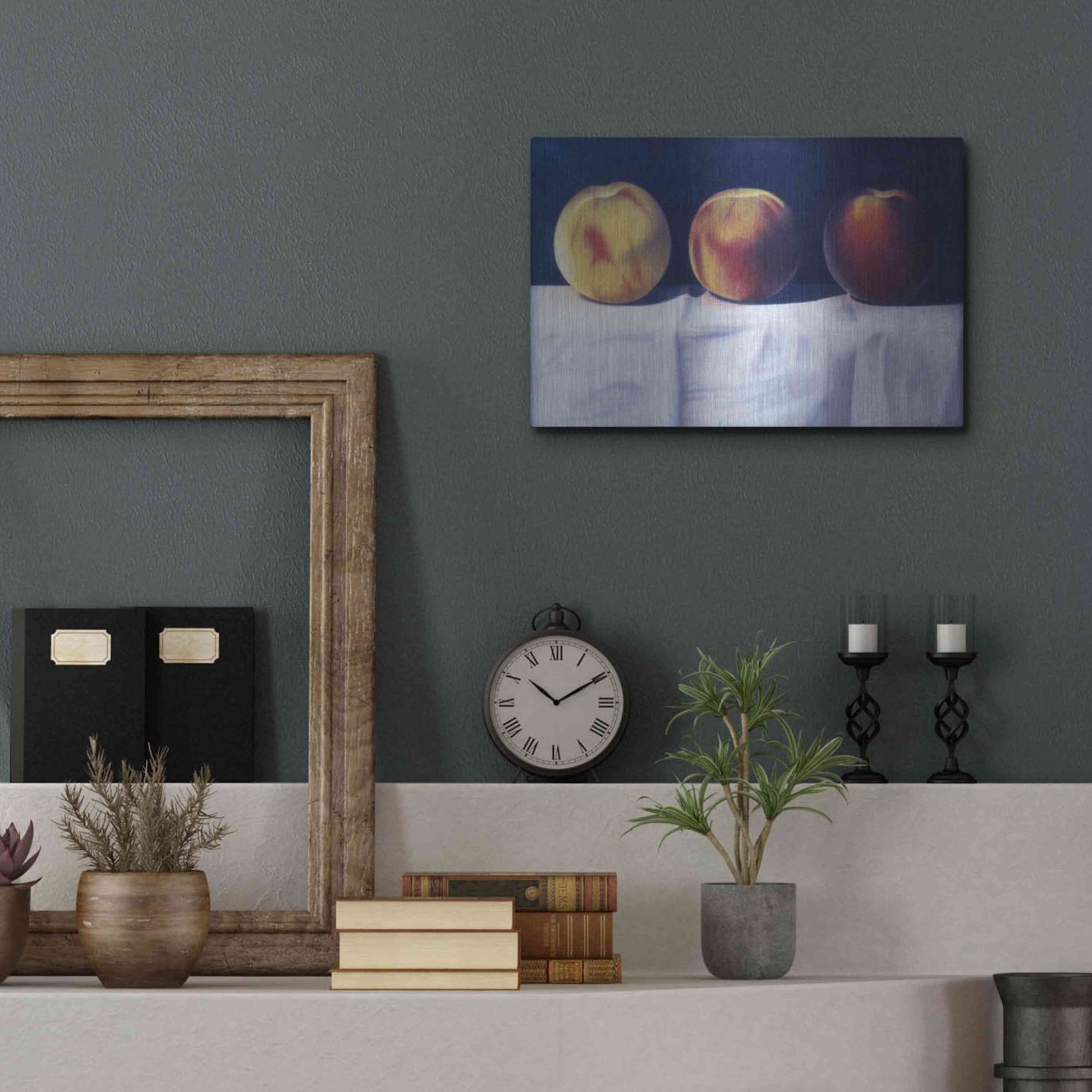 Luxe Metal Art 'Three Peaches' by Cecile Baird, Metal Wall Art,16x12