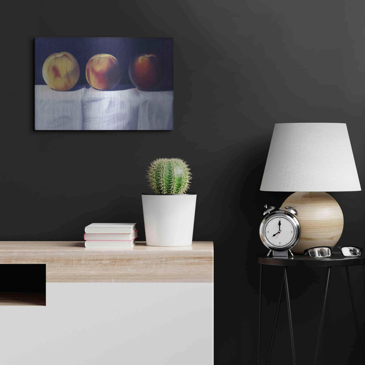 'Three Peaches' by Cecile Baird – Metal Wall Art, 24x16 room view
