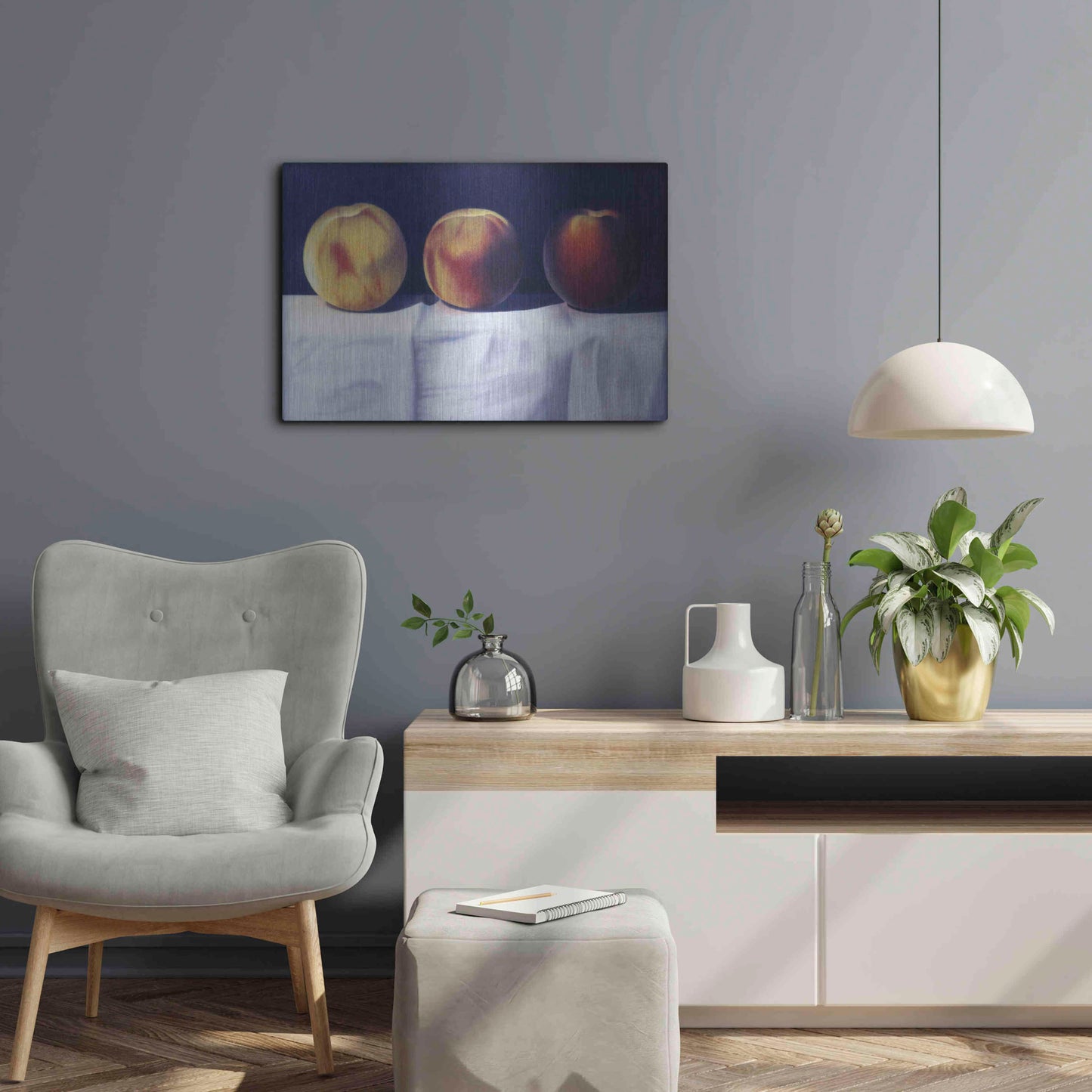 Luxe Metal Art 'Three Peaches' by Cecile Baird, Metal Wall Art,24x16