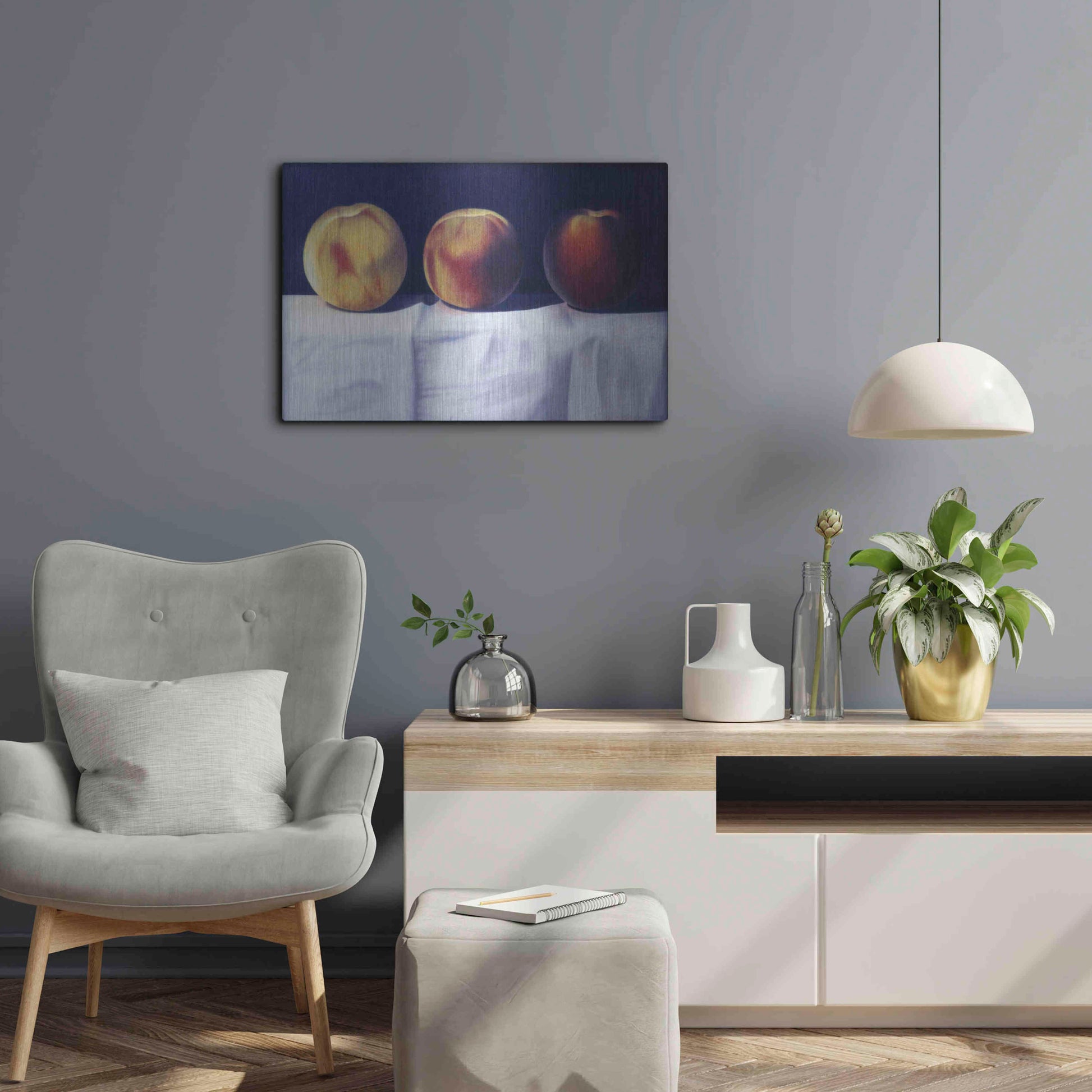 Luxe Metal Art 'Three Peaches' by Cecile Baird, Metal Wall Art,24x16