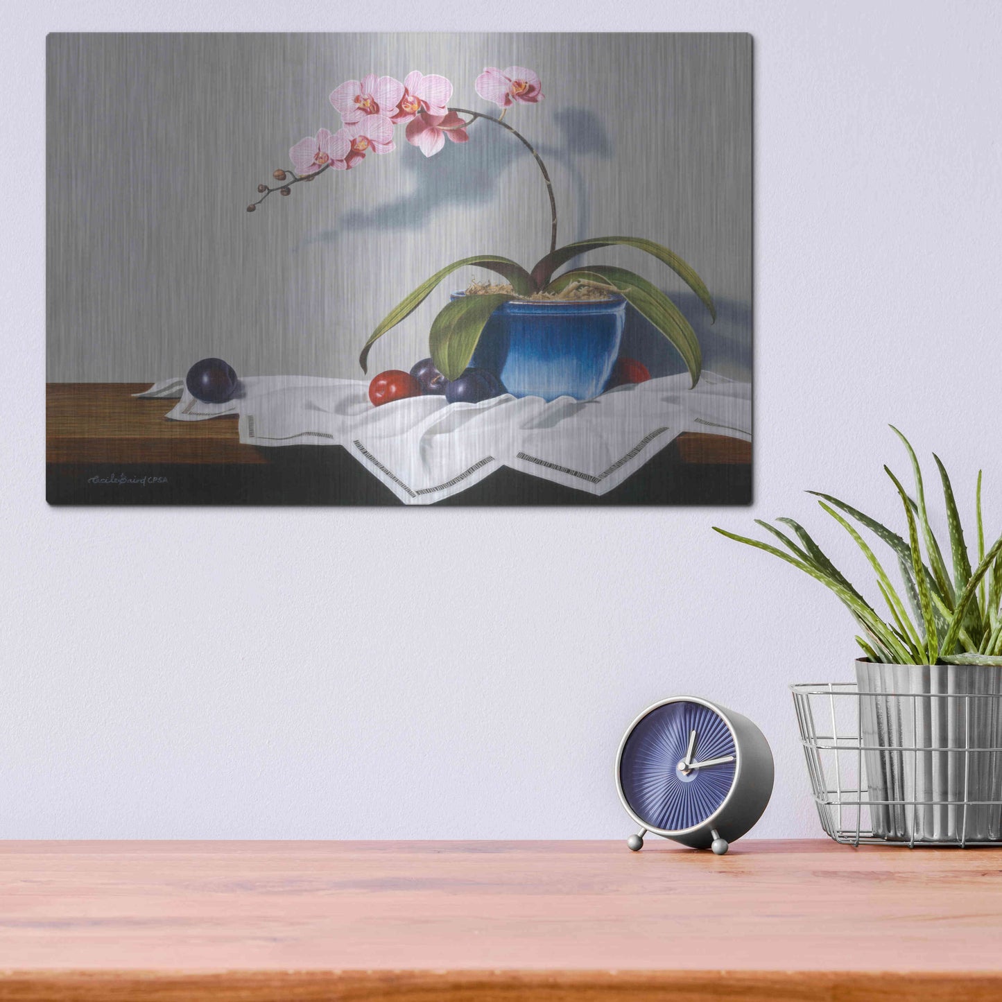 Luxe Metal Art 'Plums And Orchids' by Cecile Baird, Metal Wall Art,16x12