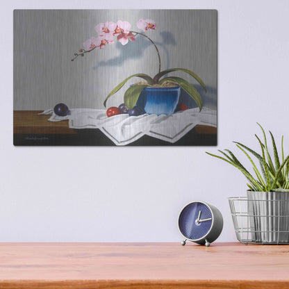 Luxe Metal Art 'Plums And Orchids' by Cecile Baird, Metal Wall Art,16x12