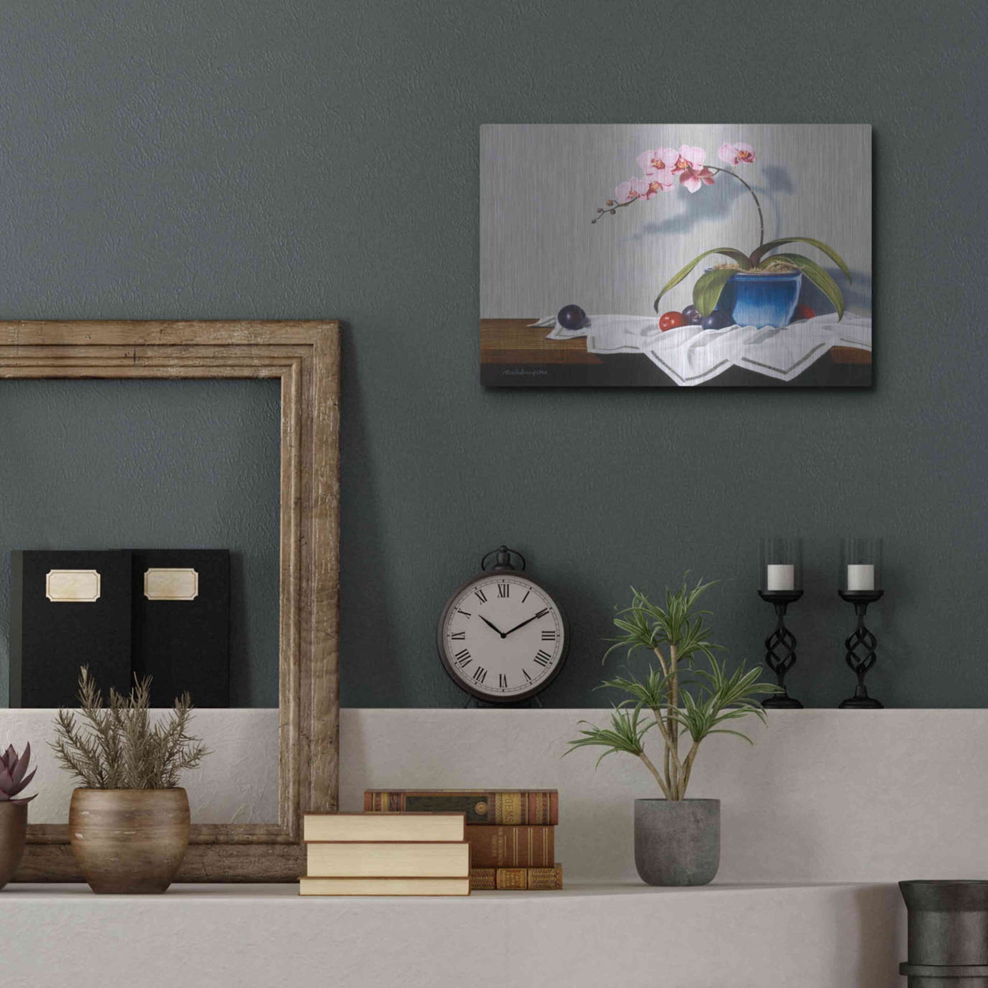 Luxe Metal Art 'Plums And Orchids' by Cecile Baird, Metal Wall Art,16x12