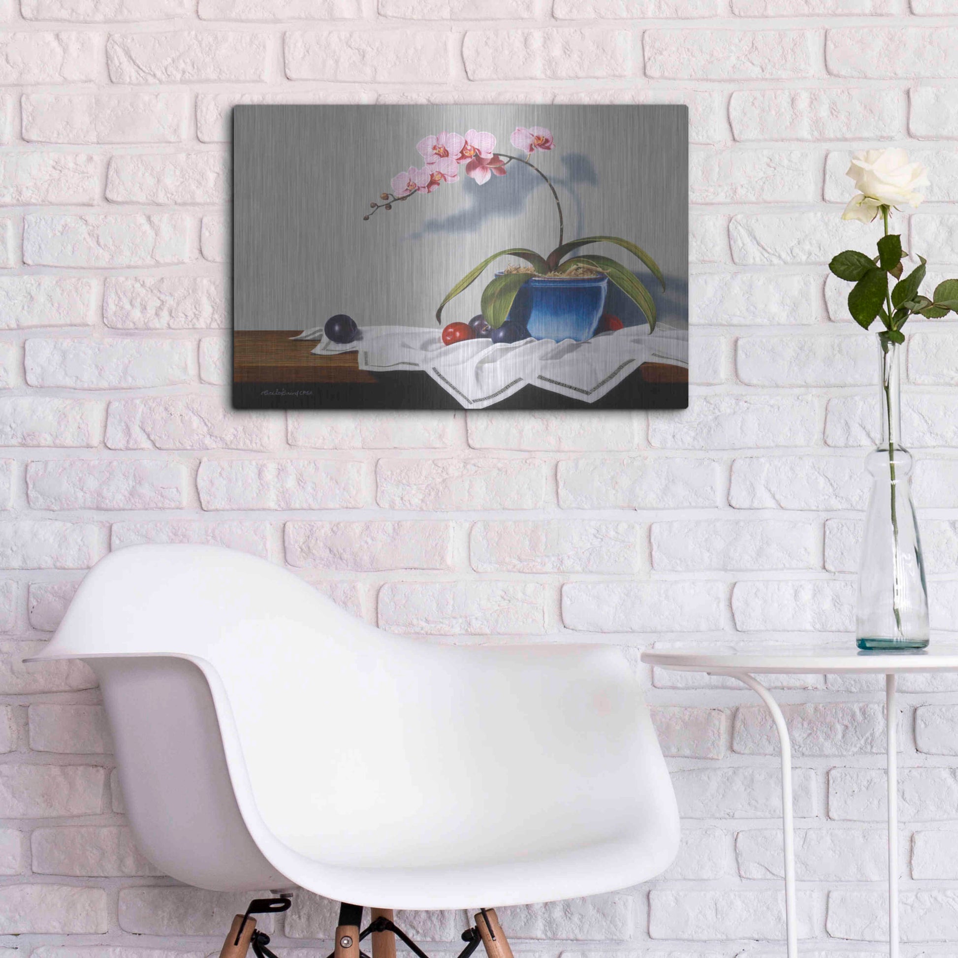 Luxe Metal Art 'Plums And Orchids' by Cecile Baird, Metal Wall Art,24x16