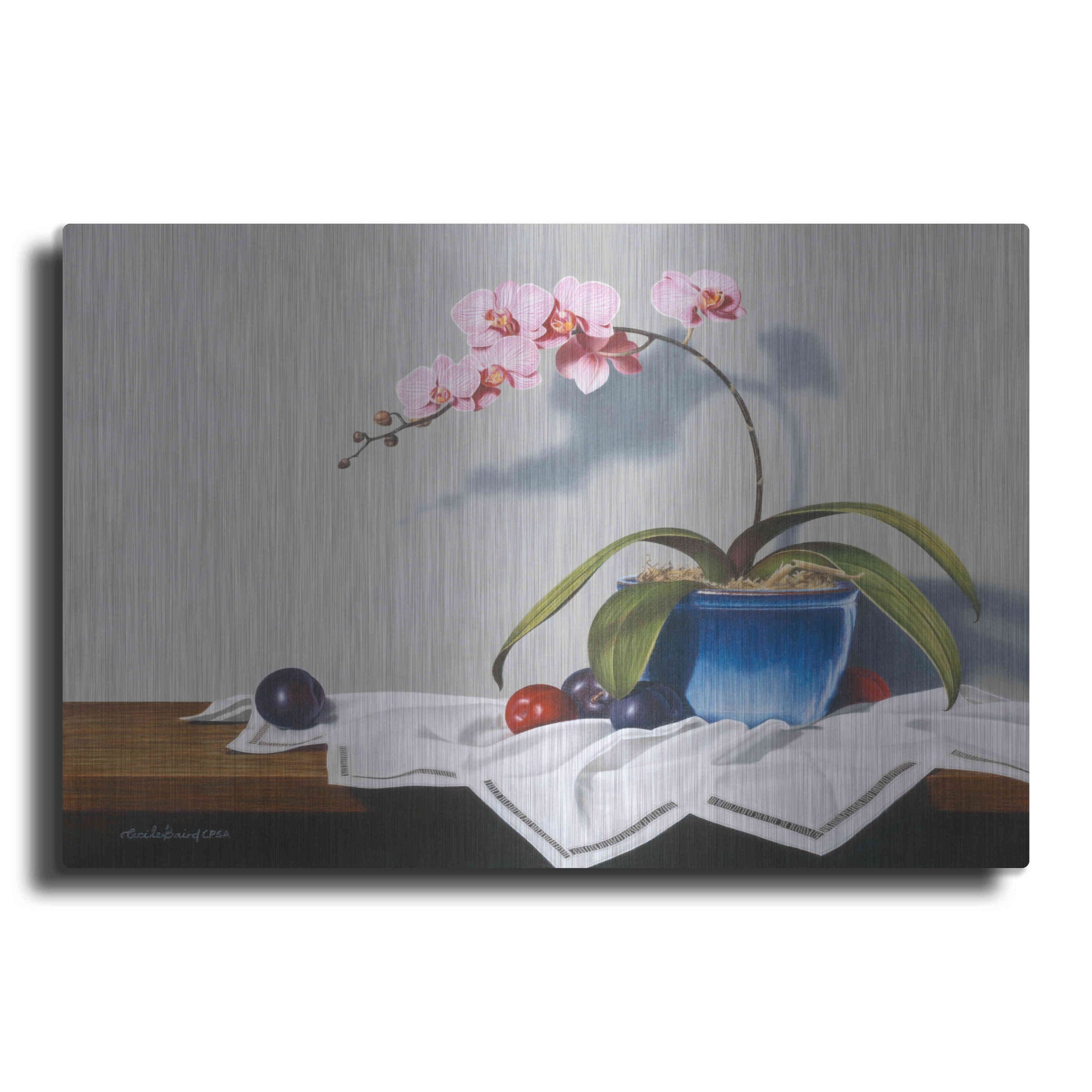 Luxe Metal Art 'Plums And Orchids' by Cecile Baird, Metal Wall Art