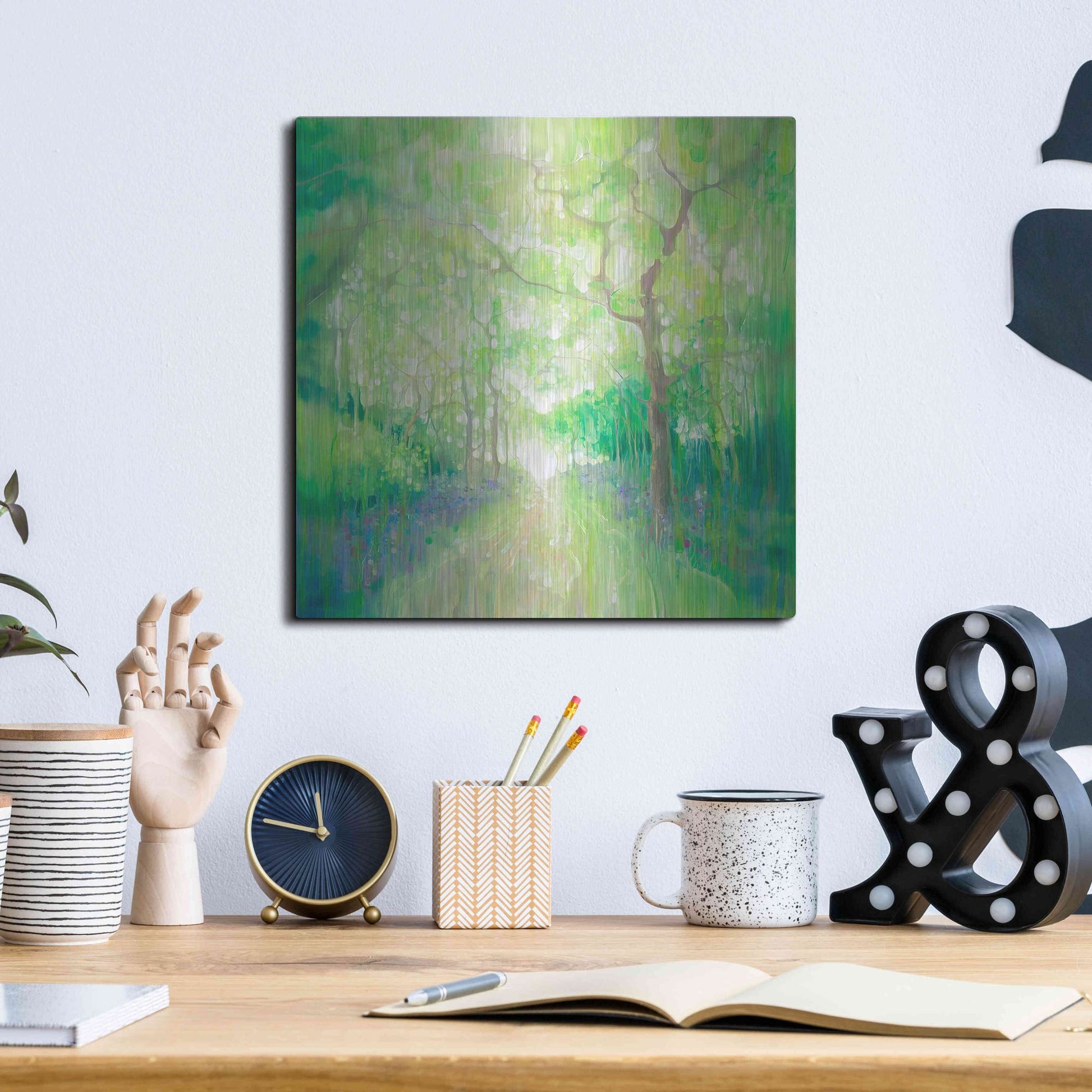 Luxe Metal Art 'Green Forest Calling' by Gill Bustamante, Metal Wall Art,12x12