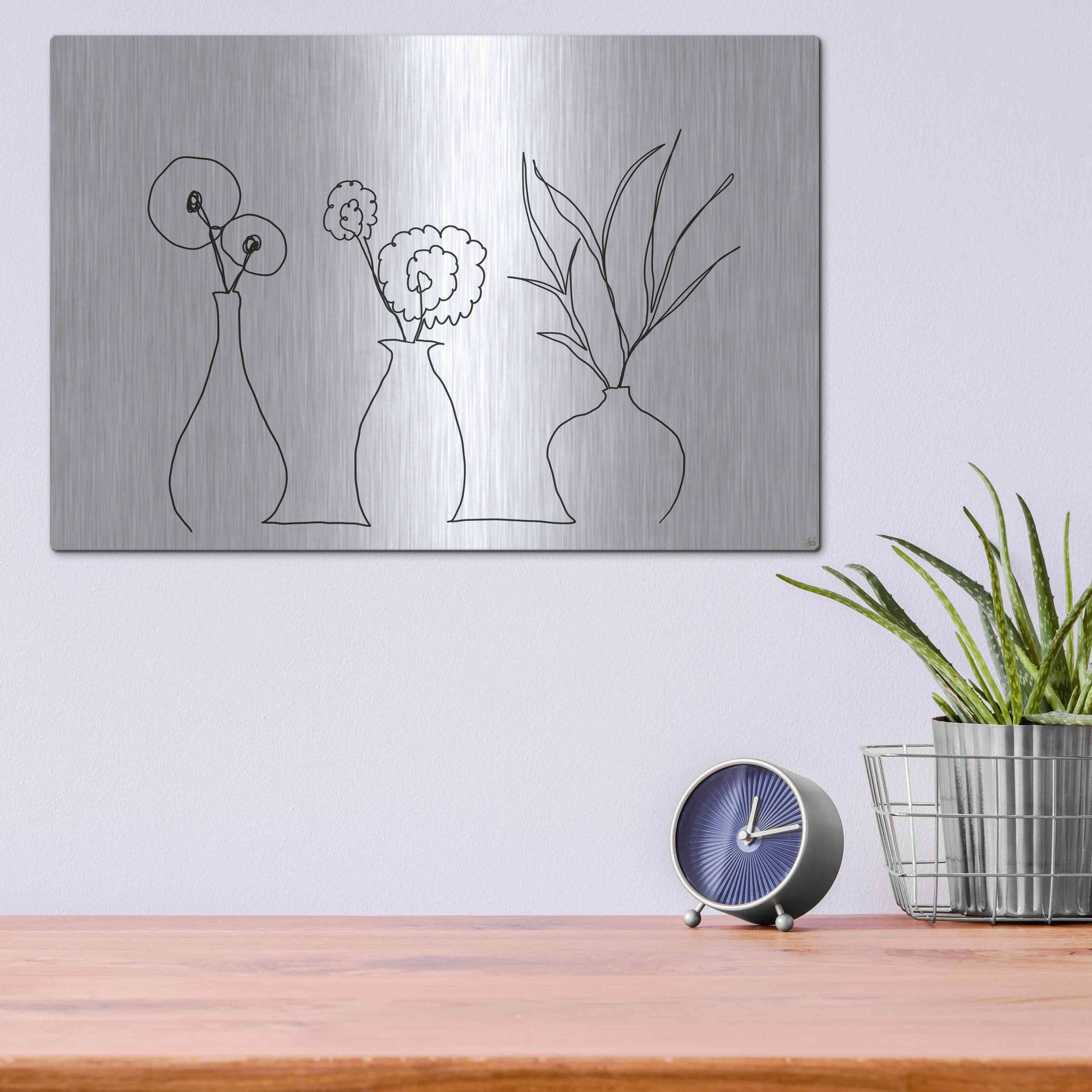 Luxe Metal Art 'Floral Set Still Life 4' by Line and Brush, Metal Wall Art,16x12