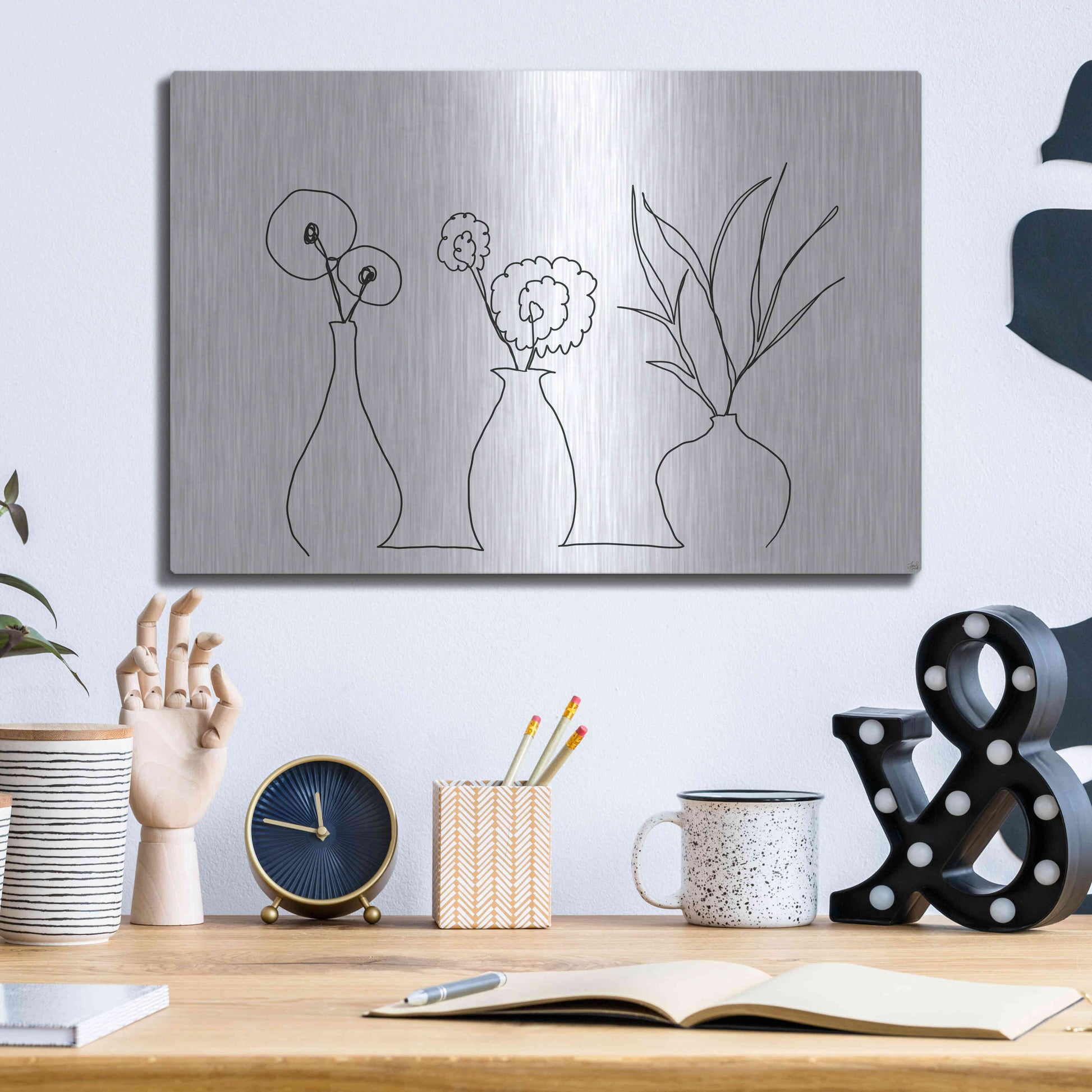 Luxe Metal Art 'Floral Set Still Life 4' by Line and Brush, Metal Wall Art,16x12