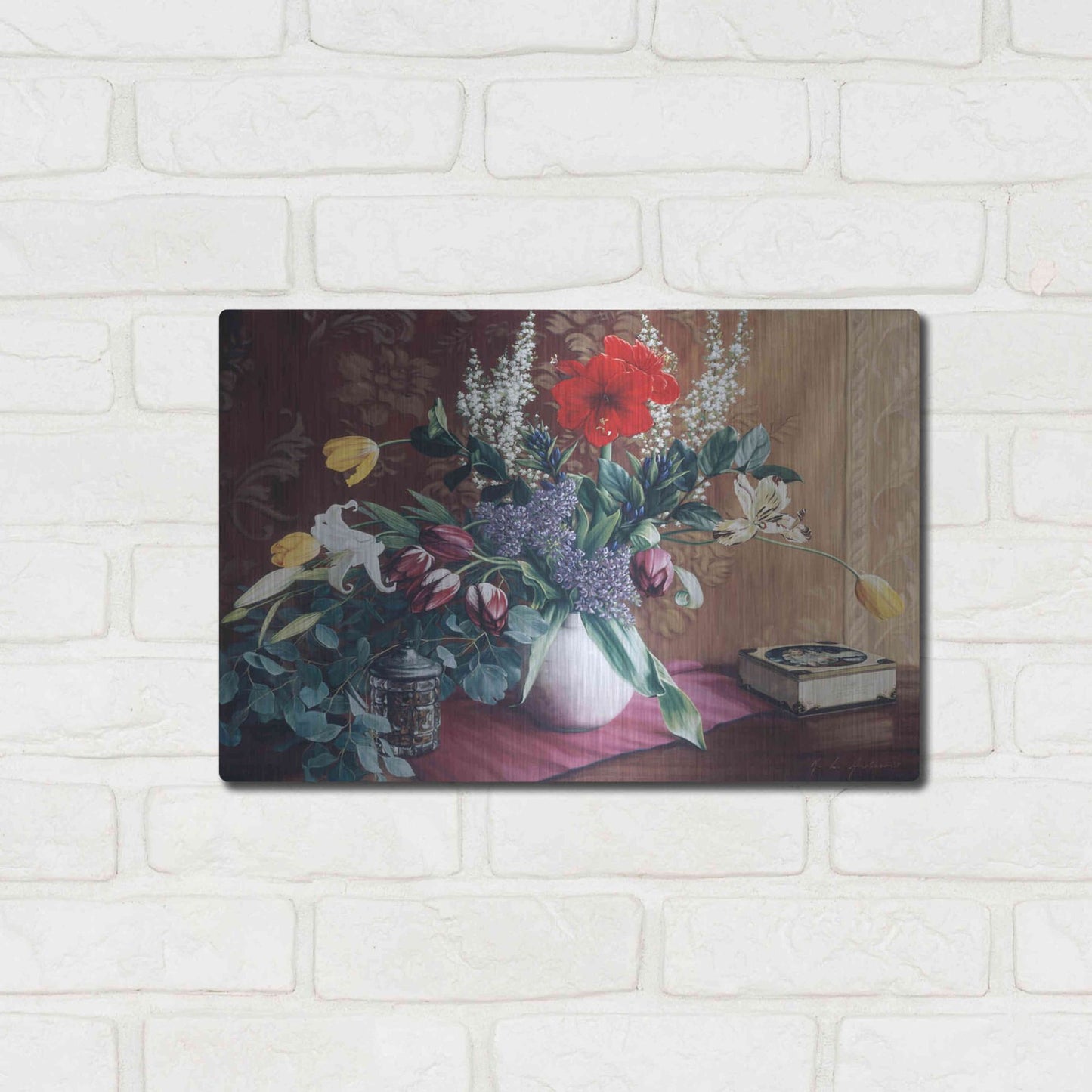 Luxe Metal Art 'Evening Bouquet with Toffee Box' by Robin Anderson, Metal Wall Art,16x12